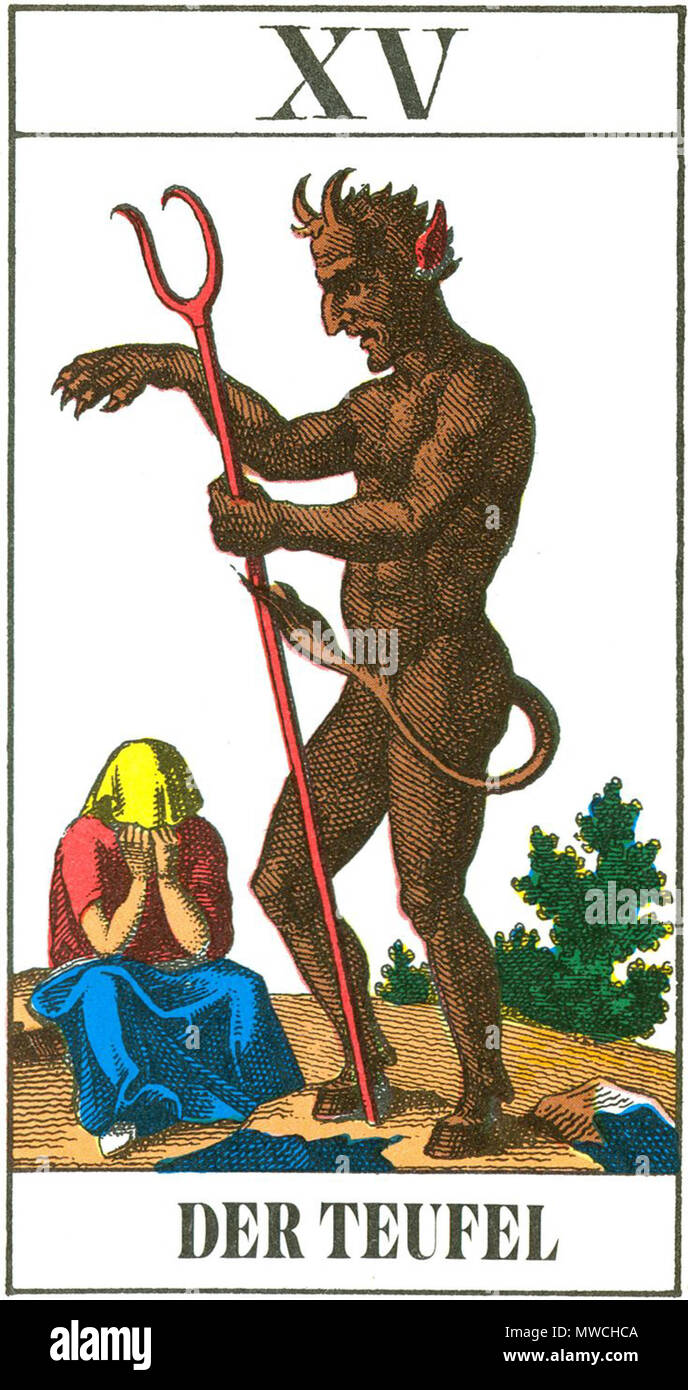 . Englisch: Trumpf der Teufel (Nr. XV) vom 1 JJ tarot Deck. 19. Jahrhundert card Design. Deutsche Version. zwischen 1831 und 1838. Unbekannt 13 1 JJ Tarot - Trumpf 15 - Deutsch - Der Teufel Stockfoto