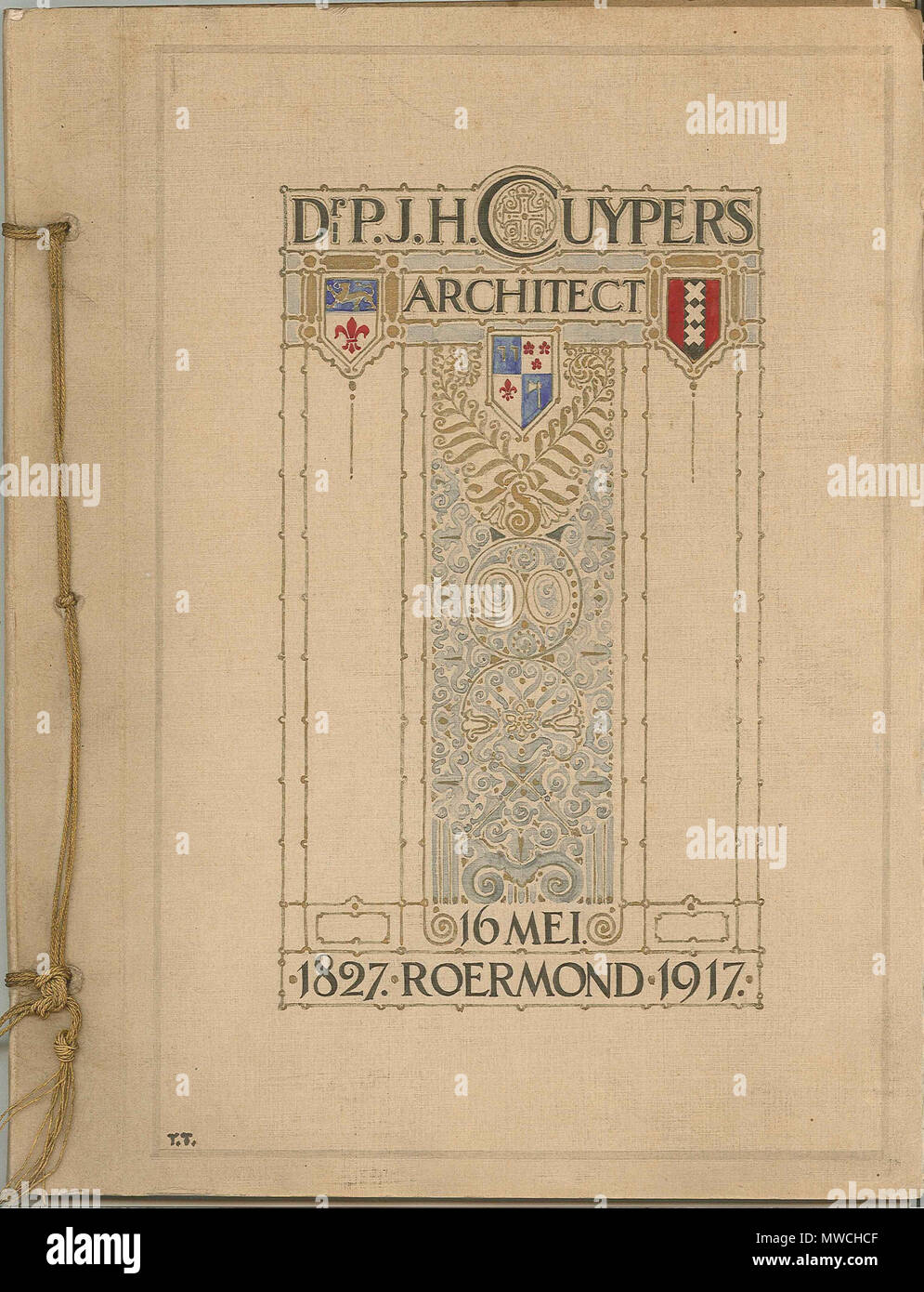 . Nederlands: Receptieboek bij Cuypers 90 e verjaardag. 1917. Papier, Karton, inkt. 33,2 × 26 × 1 cm (13 × 10,2 × 0,3). Roermond, cuypershuis. 1917. Monogrammist TT 256 Gästebuch für 90 Pierre Cuyper Geburtstag Cuypershuis 0388 ein vorderes Deckblatt Stockfoto