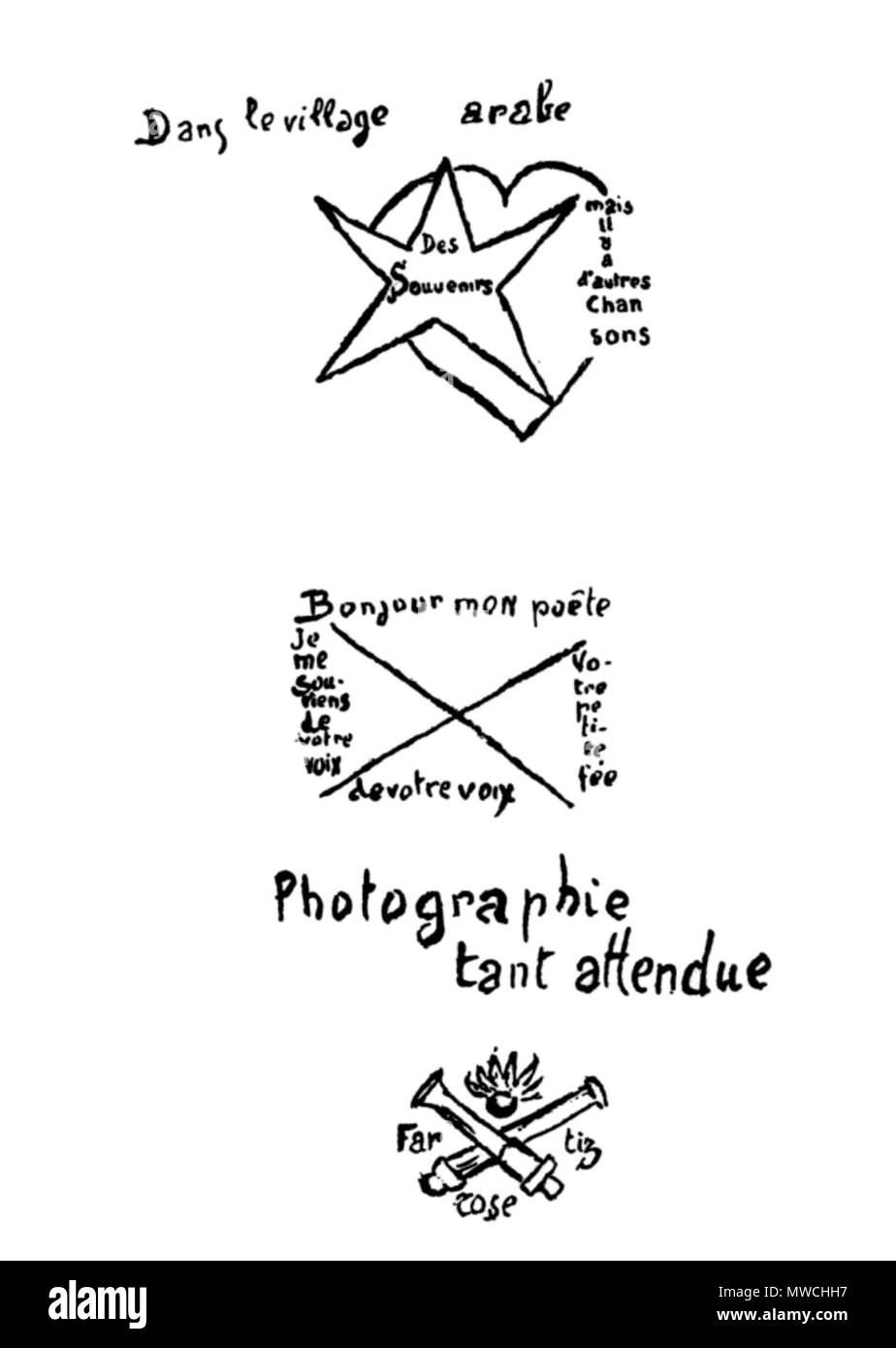 . Français: Calligram de Guillaume Apollinaire intitulé Madeleine. Vom 4. Oktober 2013. Guillaume Apollinaire (1880-1918) pseudonym Alternative Namen: Germain Amplecas, Wilhelm Apollinaris de Kostrowitsky, Pseudonym: Louise Lalanne Beschreibung Französisch-italienischen Dichter, Schriftsteller, Dramatiker, Kunstkritiker, tagebuchschreibers und Geschichtenerzähler Datum der Geburt / Tod 26. August 1880 9. November 1918 Ort der Geburt / Tod Rom Paris Authority control: Q 133855 VIAF: 66462795 ISNI: 0000 0001 2137 1423 ULAN: 500010539 78080654 LCCN: n NLA: 35007484 WorldCat 256 Guillaume Apollinaire - Calligram-Madeleine Stockfoto