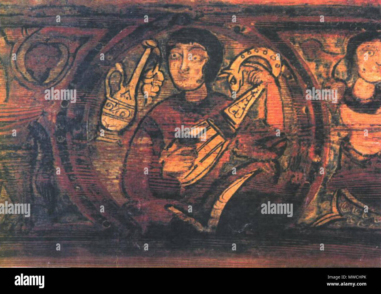 . Englisch: 12. Jahrhundert Bild aus der Kathedrale von Cefalù eine Laute - Typ Instrumententafel, dass ein Guitarra morisca durch ein modernes Erbauer der alten Instrumenten aufgerufen wurde. Er forderte auch, dass es eine Chitarrino Arabisch. Die guitarra morisca ist ein obskures Instrument, hauptsächlich aus Bildern bekannt. Frühes Instrument expert Francis William Galpin erwähnt das Instrument in seinem Buch, alten englischen Instrumente der Musik (Seiten 21-22), und nannte es "Gitarre Moresca' oder 'Chittara Saraacenica', mit seinen langen Hals, ovale und runde zurück." Er spürte, wie es auch im Zusammenhang mit der Colascione. Ca. 12. Jahrhundert ein. d.. Unbekannt Stockfoto