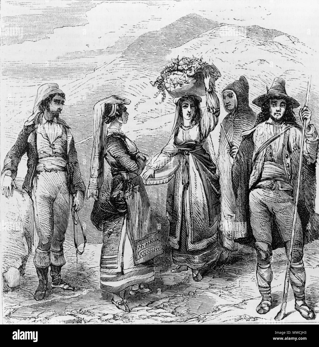. Englisch: Fünf Menschen in traditionellen Kleid am Berg, in Sizilien, Italien. 1873. Harper's Monatlich 556 sizilianische Art und Kostüme Stockfoto