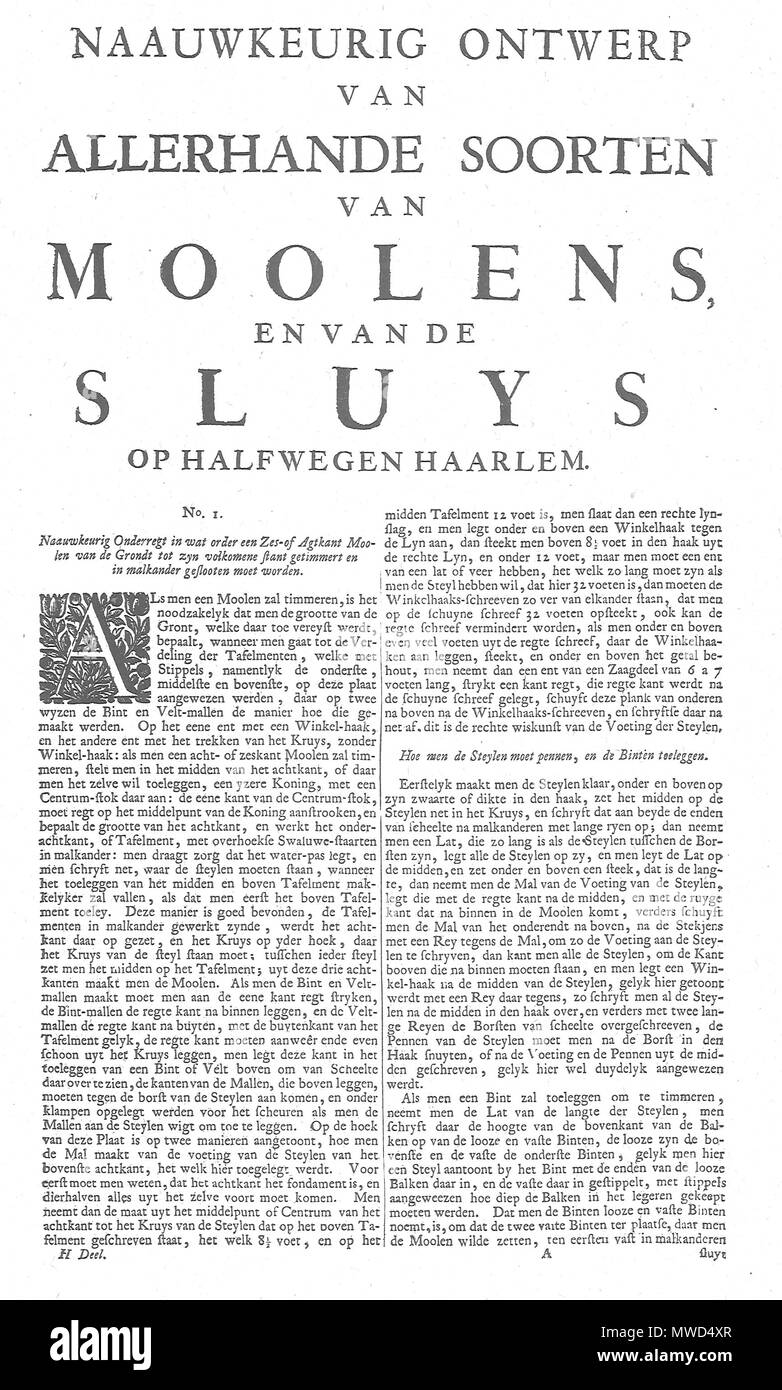 . Nederlands: tekstpagina 1 über Het construeren van een achtkante Molen. Vom 3. Juli 2014, 15:21:12. Leendert van Natrus, Jacob Polly, Cornelis van Vuuren 260 Gvm 2 p02 Stockfoto