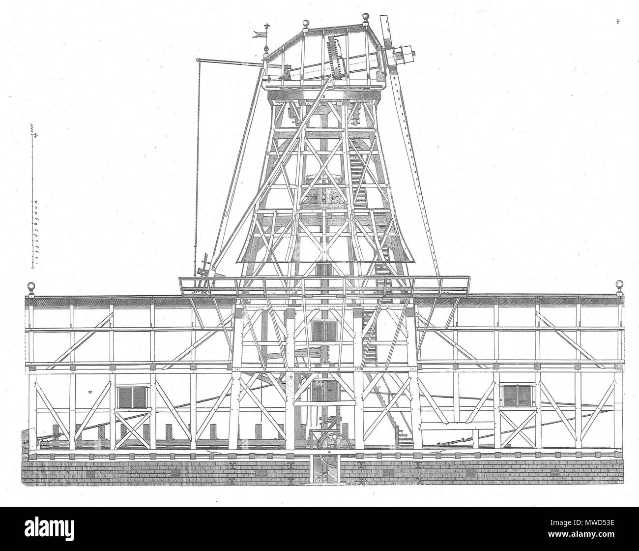 . Nederlands: Groot volkomen plaat moolenboek Deel 3, 8: Das Zaagmolen in doorsnede (constructie). 13 August 2014, 15:36:22. Pieter Linperch 260 Gvm 3 p 16. Stockfoto