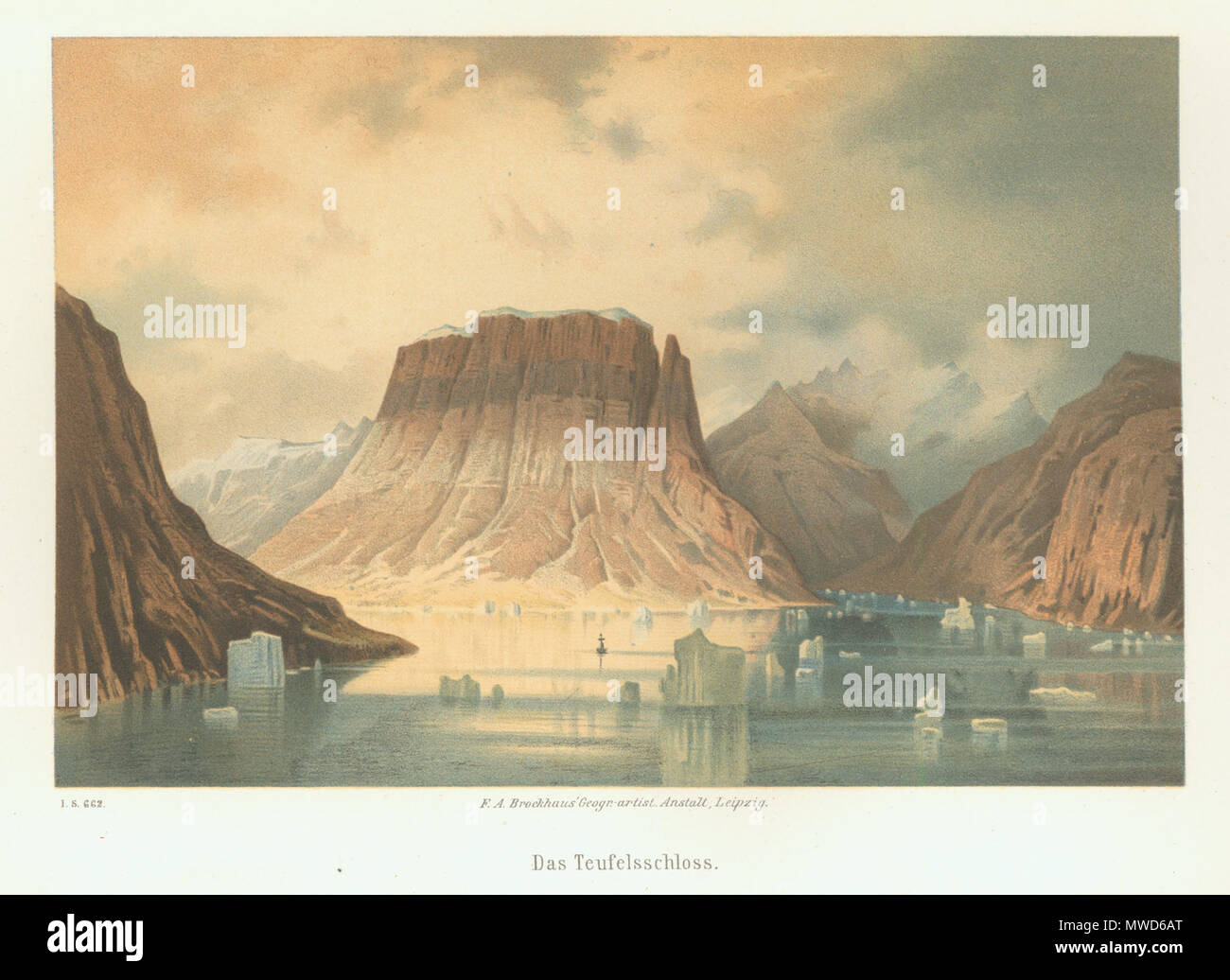 . Malerei der Teufelsschloss im Kaiser-Franz-Joseph-Fjord, Ostgrönland. Malte nach Zeichnungen und Beschreibungen der Mitglieder des Zweiten Deutschen northpolar Expedition mit Hansa und Germania, die in der Arktis und Grönland in 1869/70. ca. 1900. Maler unbekannt; digitale Reproduktion von hgrobe/AWI 591 Teufelsschloss - Grönland Stockfoto