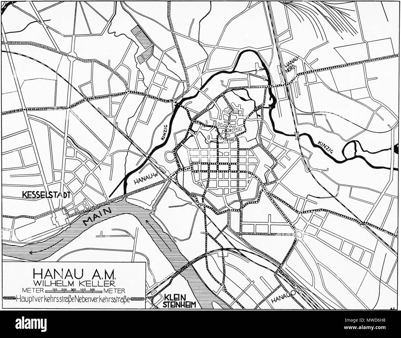 . Verkehrslage der Stadt Hanau im Jahre 1932. 1932. Vermutl. Gustav Wolf. Hochgeladen und überarbeitet von David Liuzzo. 265 Hanau-Karte - Verkehrslage-1932 Stockfoto