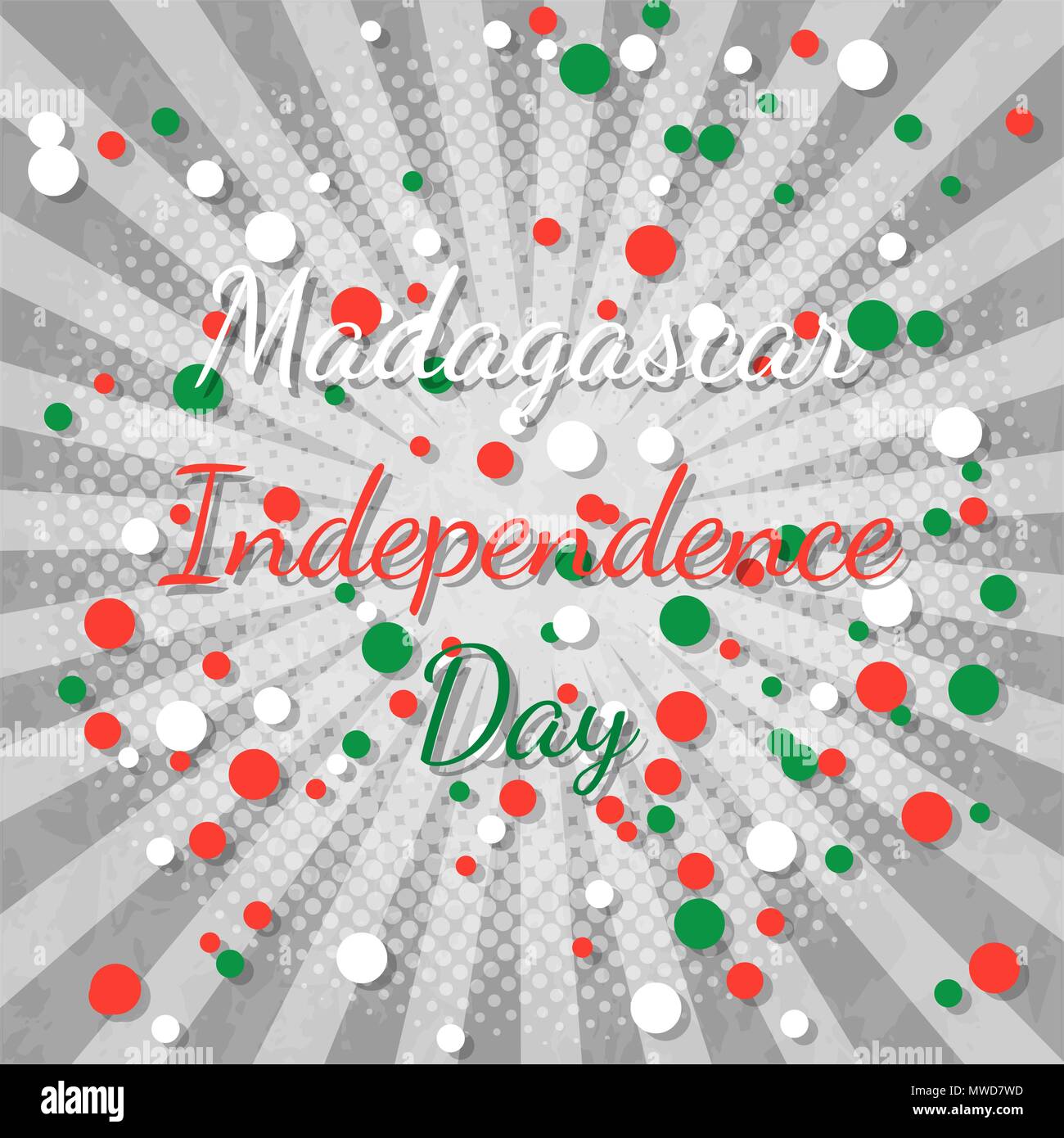 Tag der Unabhängigkeit in Madagaskar. 26. Juni. Konzept der ein nationaler Feiertag. Strahlen aus der Mitte. Grauer Hintergrund, grunge Textur. Kreise der Flagge Farben Stock Vektor