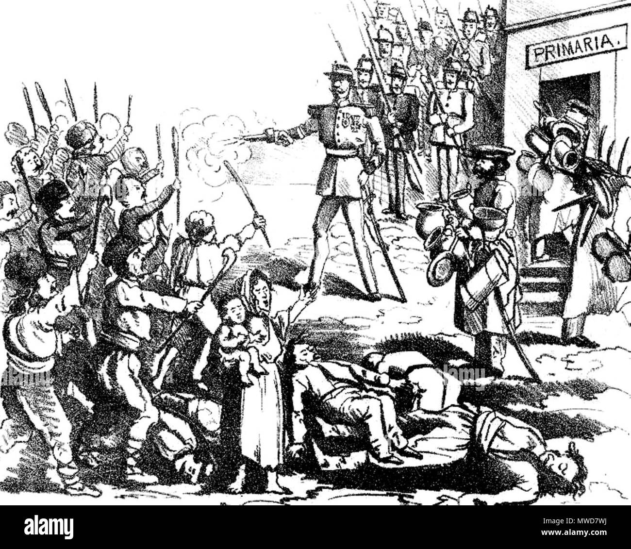 206 Fericirile grămădite pe capetele contribuabilorŭ. - Scenă petrecută la Giurgiu, Ghimpele, 25 Mar 1873 Stockfoto