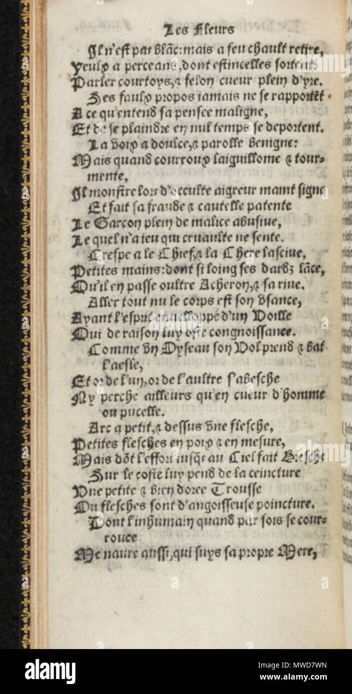 . Leon Battista Alberti: Hecatomphile, de vulgaire / tourné en langaige Francoys./Les Fleurs de pöesie Francoyse. Lyon, 1534. Januar 2008. McLeod 268 Hecatomphile Fleurs 0061 Stockfoto . Leon Battista Alberti: Hecatomphile, de vulgaire / tourné en langaige Francoys./Les Fleurs de pöesie Francoyse. Lyon, 1534. Januar 2008. McLeod 268 Hecatomphile Fleurs 0061 Stockfoto
