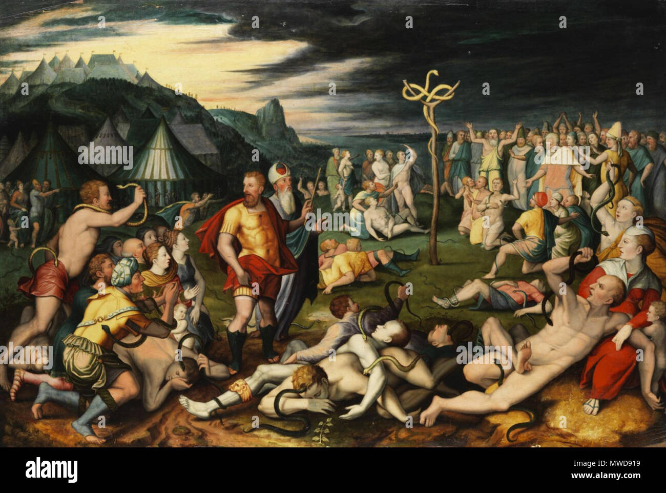 . Englisch: Moses und die Schlange aus Messing, Öl auf Eichenholz, 63,5 x 96 cm English: Moses errichtet Sterben ehrene Ab in der Wüste Sinai, Öl auf Eichenholz, 63,5 x 96 cm. 17. Anonyme flämischen Maler 210 Flämischen 17. Jahrhundert Moses und die Schlange aus Messing Stockfoto
