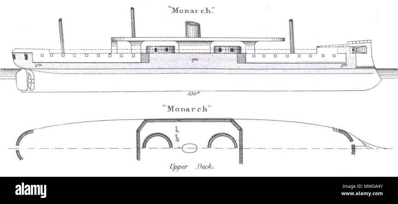 . Diagramme, die richtige Höhe und Draufsichten der Britischen gepanzerte Revolver Schlachtschiff HMS Monarch. circa. 1869-1888. Brassey's 280 HMS Monarch Diagramme Brasseys 1888 Stockfoto