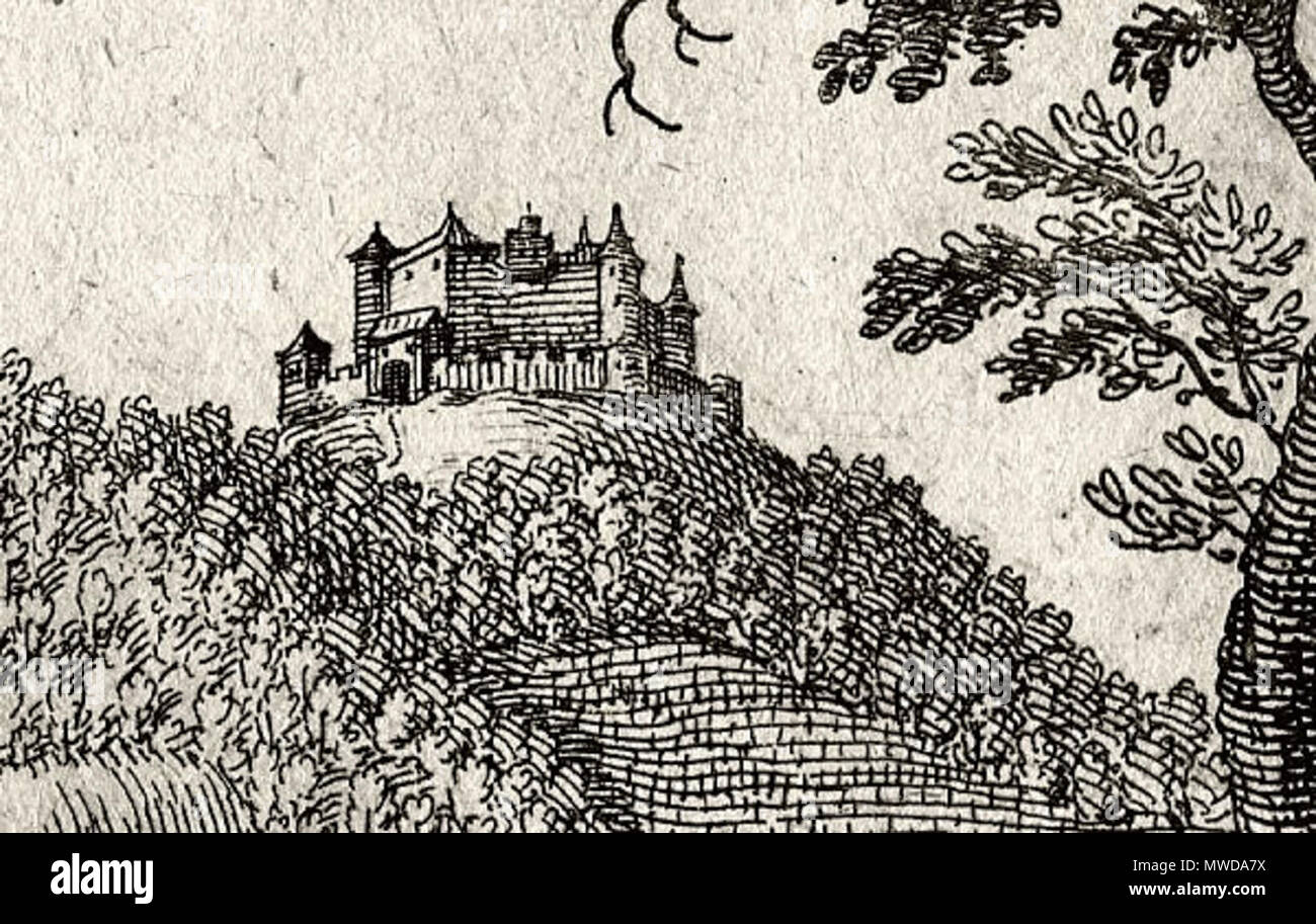 . English: Burg Höhingen in Achkarren, Ausschnitt aus dem Kupferstich von Matthäus Merian von 1644 (gest. 1650). 2005. Dr. Ralf Thomann 281 HoehingenAusschnitt Stockfoto