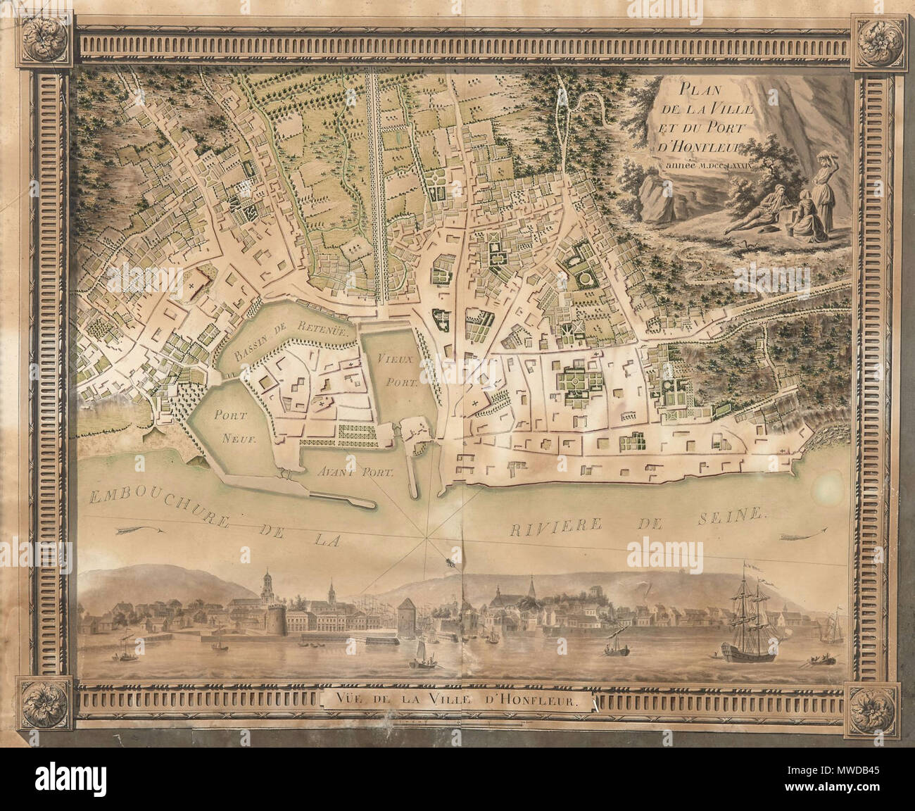 . Français: Plan de la Ville et du Port de Honfleur Plume et Encre Noire, lavis Gris et Aquarelle, titré et daté'ANNEE M.DCC. LXXXIX'en Haut à droite, titré dans le Bas Hauteur: 51 cm, Largeur: 63 cm. 1789. Ecole Française 283 Honfleur 1789 Plan Stockfoto