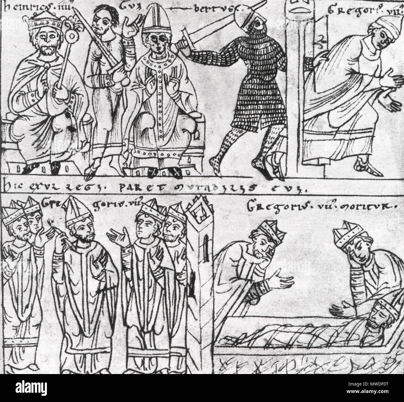 . Svenska: sv: Investiturstriden, Illustration från medeltida handskrift (c: 1150). Gegenpapst Clemens III (Mitte) mit Kaiser Heinrich IV. Die inthronisierung von Heinrich IV. und Clement III und den Flug und den Tod von Gregor VII. 21. Dezember 2004 (original Upload Datum) 298 Investiturstreit Stockfoto