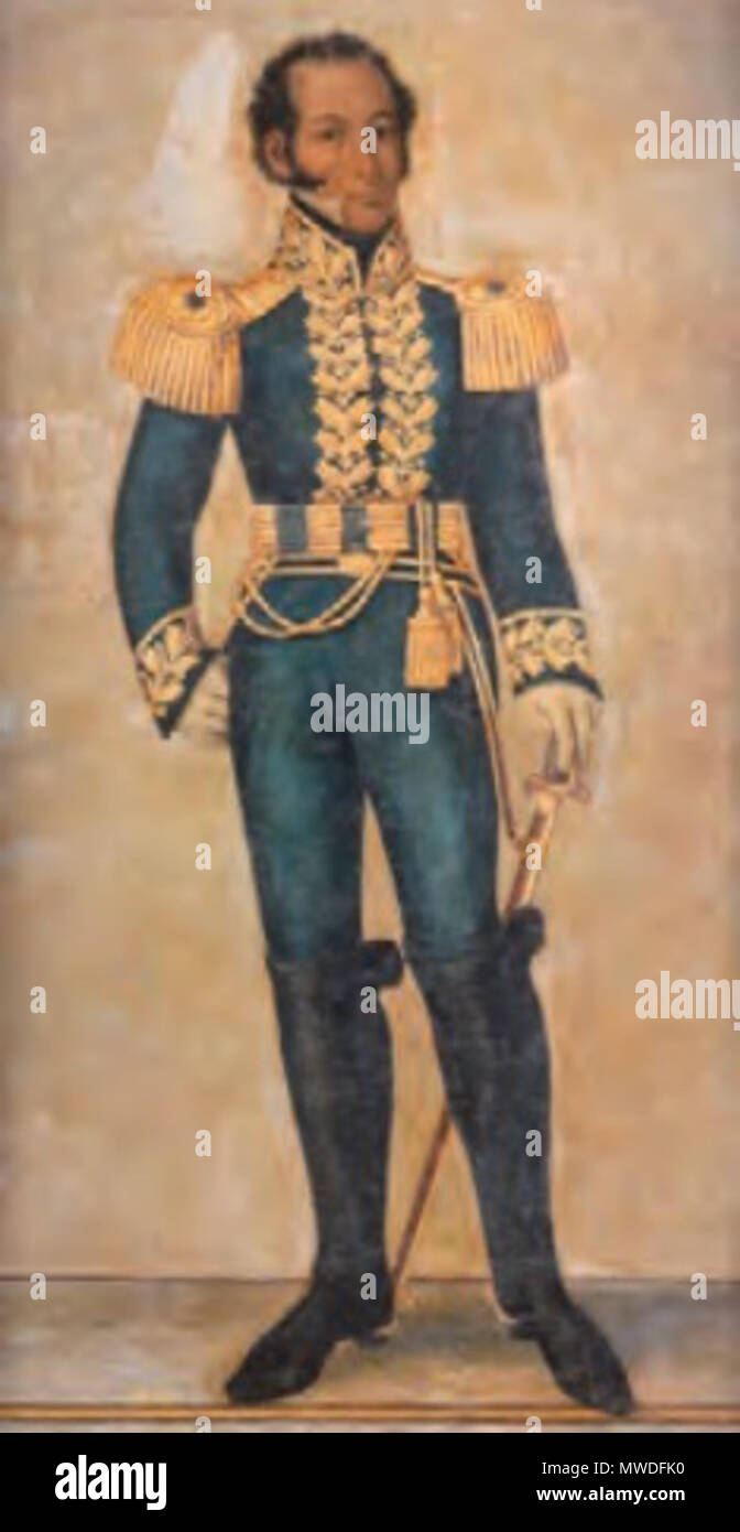 . Español: Retrato del General Isisdoro Barriga y López de Castro, Héroe de la Independencia de Venezuela, Kolumbien y Ecuador. Casado con la viuda de Antonio José de Sucre: Mariana Carcelén de Guevara y Larrea-Zurbano, Marquesa de Solanda y Villarocha. Óleo sobre Tela del artista Antonio Salas, Pintado en 1824 Como parte de la Serie de 15 Cuadros comisionados por Juan José Flores para su colección Privada. 1824. Antonio Salas 300 Isidoro Barriga, por Antonio Salas (1824) Stockfoto