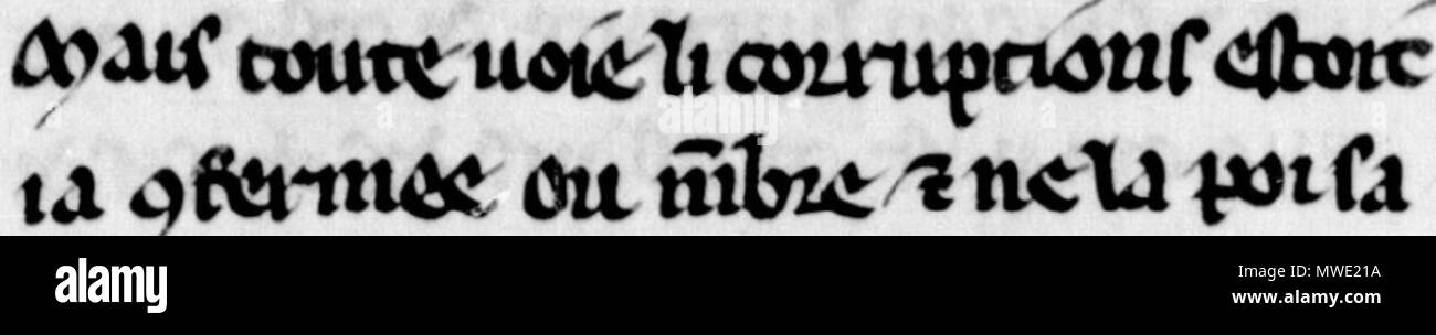 . Englisch: Kurzer Auszug aus der ersten Spalte der zweiten folio eines 1318 Manuskript von "Romen de fysique" durch Albucasis. Auf das Symbol für 'con' in das zweite Wort der zweiten Zeile 'confermee' verwendet werden. 1318. Albucasis (Autor, aber nicht unbedingt Schreiber), 1318. Nicht urheberrechtsfähigen aufgrund seines Alters, das "i" (Information) auf die URL oben in französischer Sprache bestätigt, dass es in der public domain 200 Auszug aus f. 2 von Le Romen de fysique, Albucasis, 1318 Stockfoto