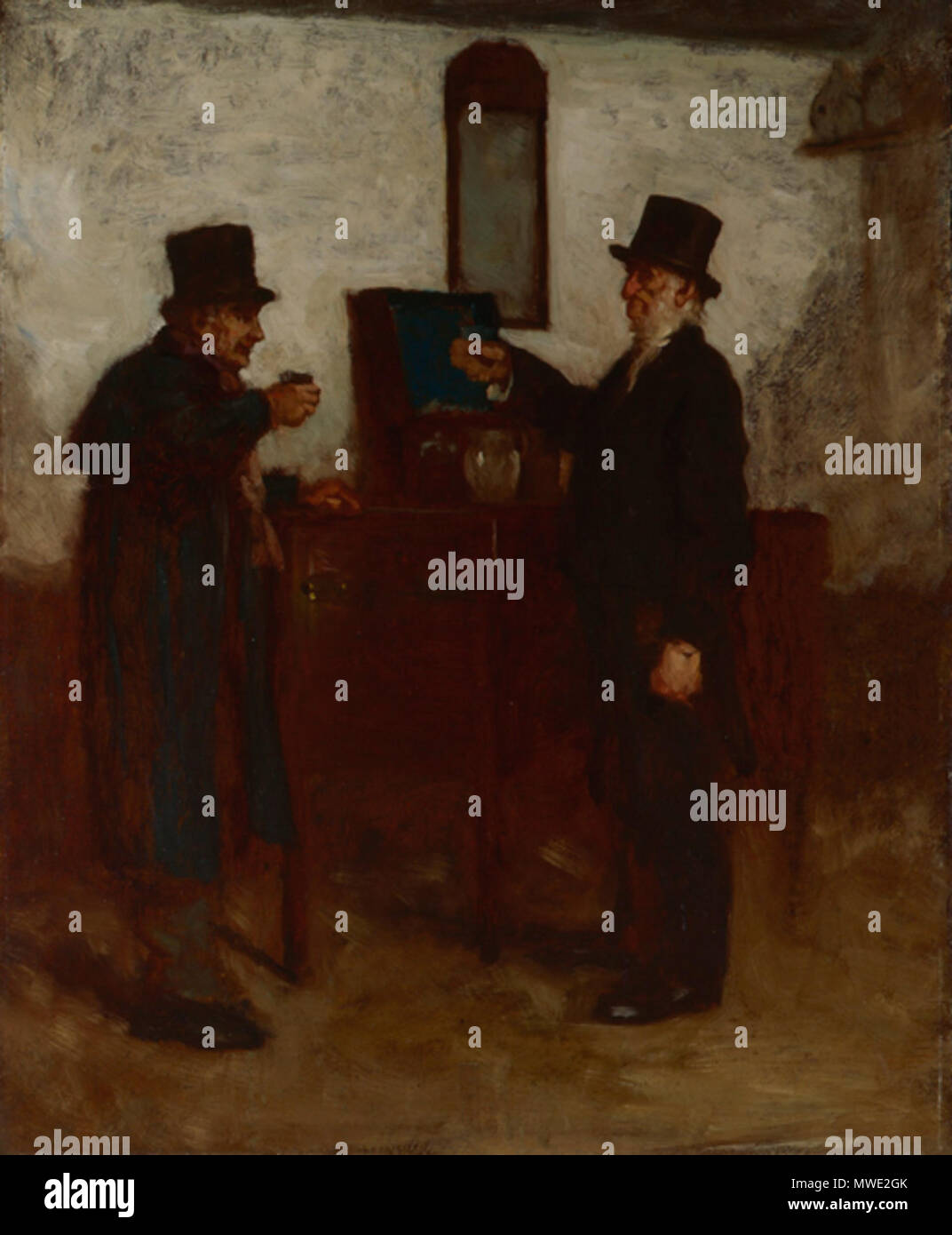 . Englisch: Eastman Johnson, amerikanischen, 1824 - 1906 Studium für ein Glas mit der Squire, Ca. 1880 Öl auf Pappe 64,5 x 53 cm. (25 3/8 x 20 7/8 in.) Rahmen: 88,9 × 76,6 × 7,8 cm (35 × 30 3/16 x 3 1/16 in.) Gabe von Stuart S. Feld, Klasse von 1957, und Sue K. Feld, zum Gedenken an den 50. Treffen der Klasse von 1957 2006-825 Folgende Studie in Europa, davon drei Jahre in Den Haag die Aufnahme der Farbe und der Naturalismus des 17. Jahrhunderts die niederländischen Meister, Eastman Johnson in New York nieder und startete eine erfolgreiche Karriere im Genre der Malerei. Seine Bilder des ländlichen Raums, regionale Amerika wurden Stockfoto
