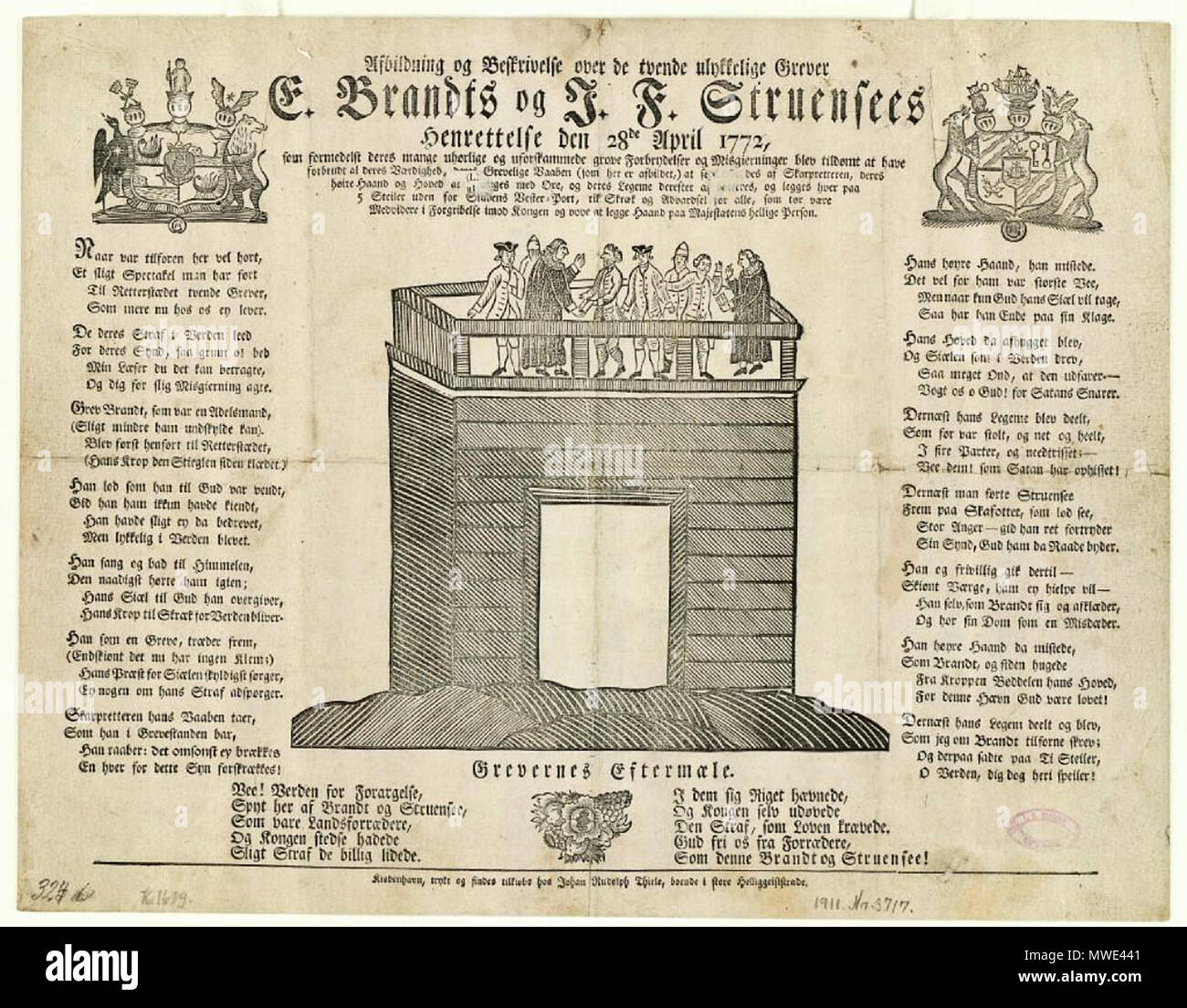 . Dansk: Skam=Afbildning og Beskrivelse über de tvende ulykkelige Grever E. Brandts og J. F. Struensees Henrettelse den 28 de April 1772, Deutsch: Johann Friedrich Struensee und sein Begleiter Brandt sind in Kopenhagen am 4/28 1772 enthauptet. Johan Rudolph Thiele (1736-1815) 271 Henrettelsen af de grever Brandt og Struensee Objekt 190 Stockfoto