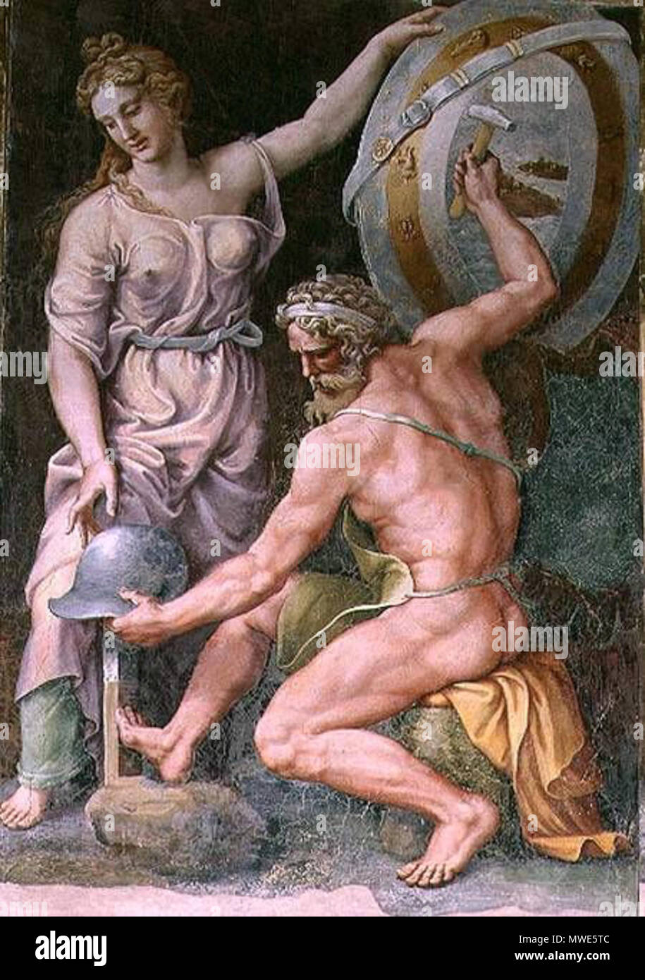 . Englisch: Hephaistos schmiede Achilles' Rüstung von Giulio Romano (Ca. 1492-1546) von der Sala di Troia, Palazzo Ducale, Mantua, zwischen ca. 1492 und ca. 1546. Giulio Romano (Ca. 1492-1546) 274 Hephaistos schmiede Achilles' Rüstung von Giulio Romano Ca. 1492-1546 von der Sala di Troia Palazzo Ducale Mantova 390 b 838898909863 f455a7027 d99affb Stockfoto