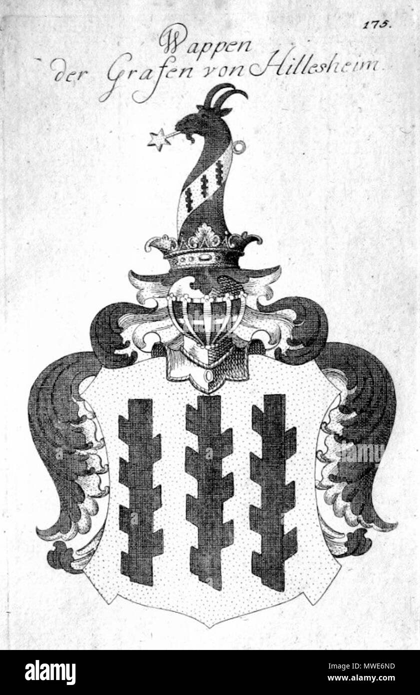 . English: Wappen des deutschen Grafengeschlechtes' von Hillesheim". 1 Februar 2009, 13:04:03. zeitgenössischer Stecher, 1770 278 Hillesheim Wappen 2 a Stockfoto