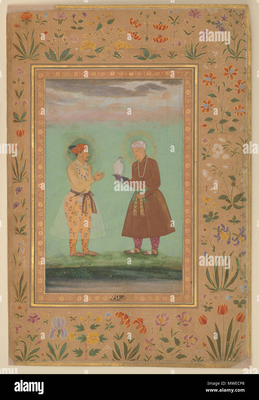 . "Jahangir und sein Vater, Akbar', Folio aus dem Shah Jahan Album Gemälde von Balachand Kalligraph: Mir 'Ali Haravi (d. Ca. 1550) Objekt Name: Album Leaf Herrschaft: Shah Jahan (1628-58), verso Datum: Verso: Ca. 1630; recto: ca. 1540 - 50 Geographie: Indien Medium: Tinte, opak Aquarell, und Gold auf dem Papier Abmessungen: H.15 cm. (39 cm) W. 10 3/8 in. (26,3 cm) Klassifizierung: Codices Kreditlinie: Kauf, Rogers Fund und der kevorkian Stiftung Geschenk, 1955 Beitritt Anzahl: 55.121.10.19 Dieses Kunstwerk wird nicht auf dem Display zu MyMet Signaturen, Beschriftungen hinzufügen, und Markin Stockfoto