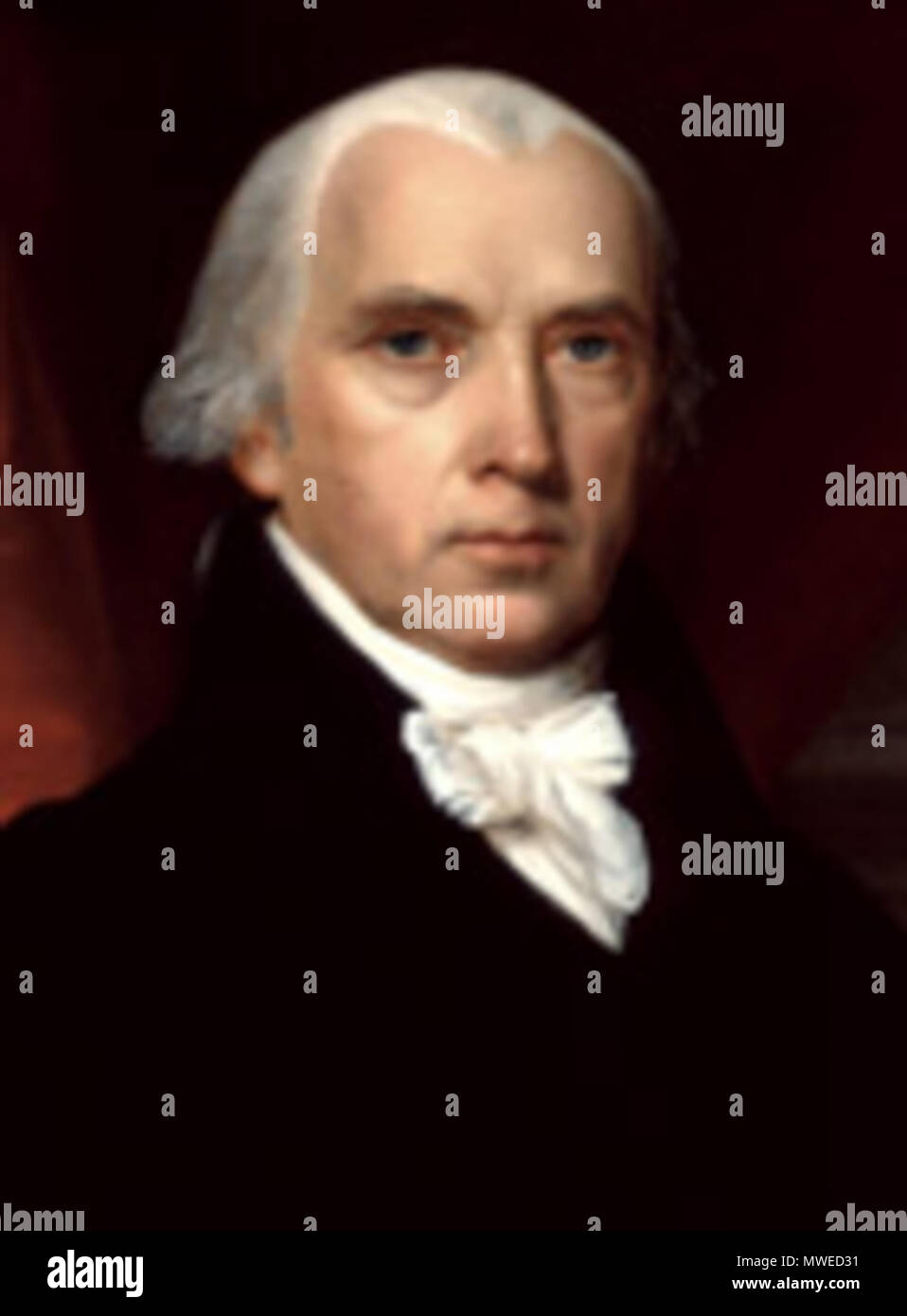 . Portrait von James Madison, einer der Autoren der Federalist Papers, und der vierte Präsident der Vereinigten Staaten Mittel-/Support: Öl auf Leinwand Maße: 26 x 22 3/16 in. (66 x 56,4 cm) der Gelehrten Anmerkungen: "Das Portrait [von James Madison] wurde in Betrieb genommen. . Von James Monroe. . Cameo - wie, mit festen ebenen und sorgfältig kontrollierten Bereich von Werten, und Sie nicht auf tiefe Schatten oder starken Kontrast für Ihre skulpturale Wirkung verlassen, funktioniert aber meistens in hellen Farbtönen. Das Gesicht, trotz seiner impassivity, offenbart die Maut gefordert, die durch den Krieg von 1812. . Es liegt über einem schwarzen Mantel mit Kragen zwische Stockfoto