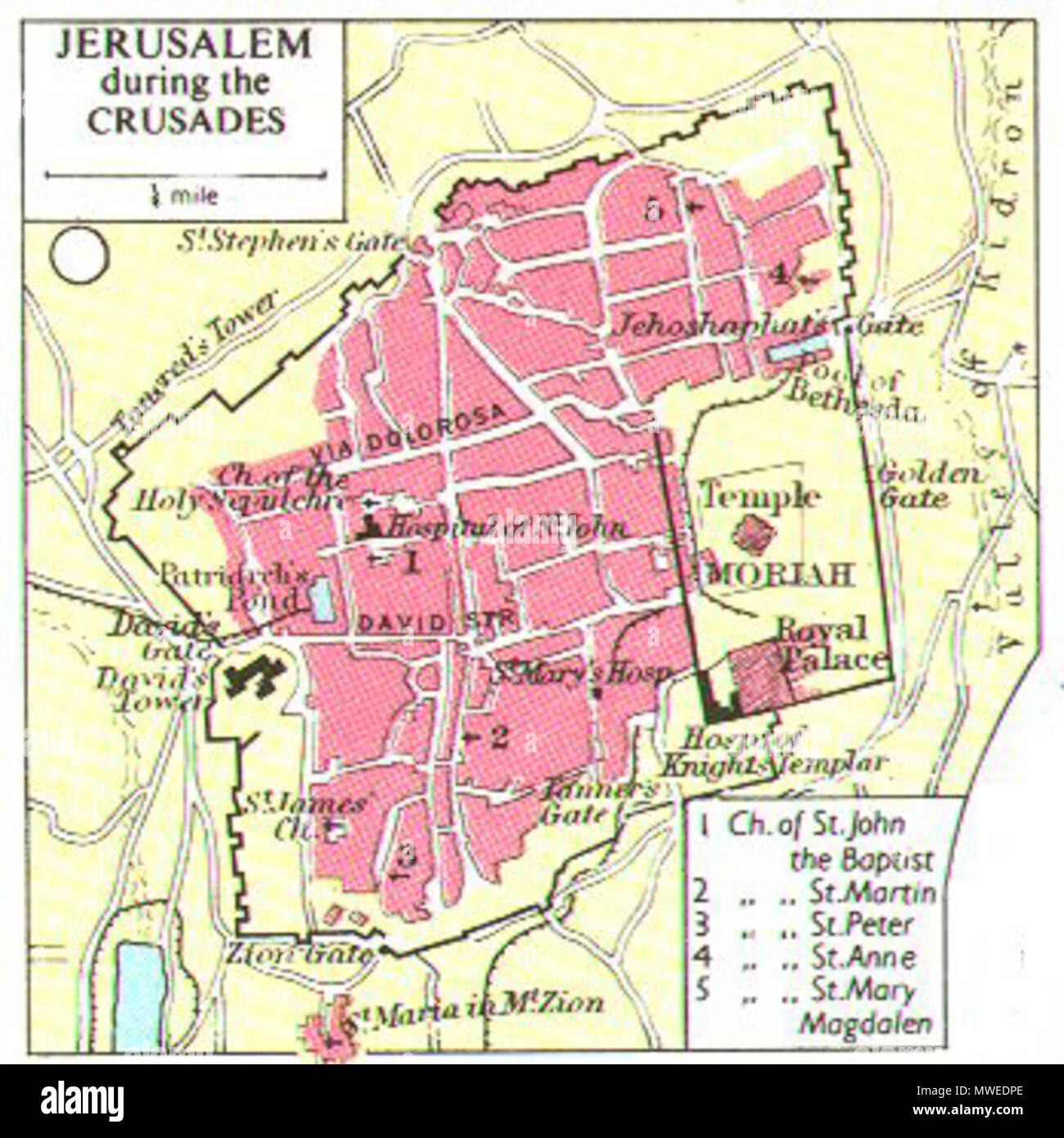 . Englisch: Jerusalem während der Kreuzzüge English: Stadtplan Jerusalems zur Zeit der Kreuzzüge. 1911. Ramsay Muir (1872-1941) 314 Jerusalem Karte anzeigen Stockfoto