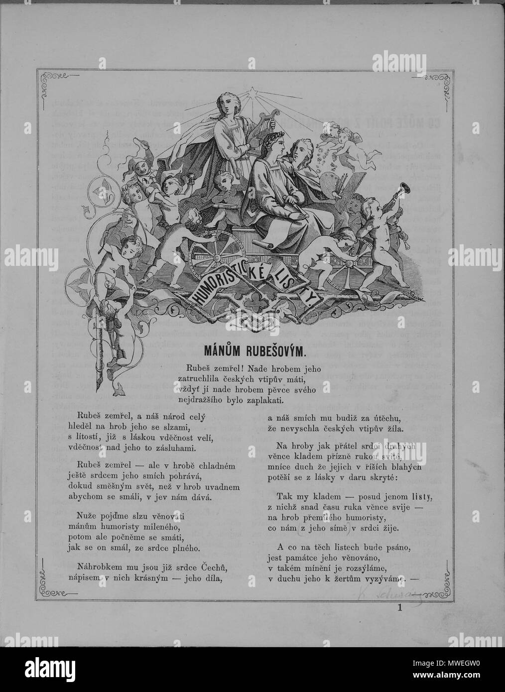 . Englisch: Titelblatt der ersten Ausgabe des Humoristické listy, ein beliebtes illustrierten Zeitschrift für Humor und Satire in der tschechischen Sprache. 1858. Gedicht: Anonym. Bild: Wahrscheinlich Josef Scheiwl (1833-1912) 287 Humoristicke listy 1858 1. Stockfoto