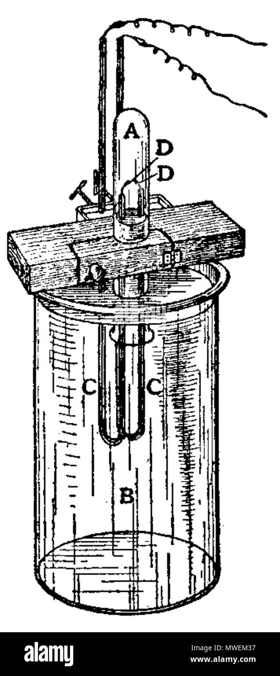 . Englisch: Cavendish Methode für die Isolierung von Argon. Die Gase werden in einem Test - Schlauch (A), der über eine große Menge an schwachen Alkalien (B) enthalten sind, und der Strom in Kabeln durch U isoliert vermittelt-förmige Glasrohre (CC), die durch die Flüssigkeit und rund um die Mündung des Test-Tube. Die innere Platin endet (DD) der Kabel möglicherweise in das Glas Isolierschläuche versiegelt werden, aber man sollte sich nicht auf diese Dichtungen platziert werden. Um Anzug trotz der Risse zu sichern, ist Quecksilber in die Kurven gelegt. Mit einer Batterie von fünf Grove Zellen und einem Ruhmkorff Spule von mittlerer Größe, ein etwas Stockfoto