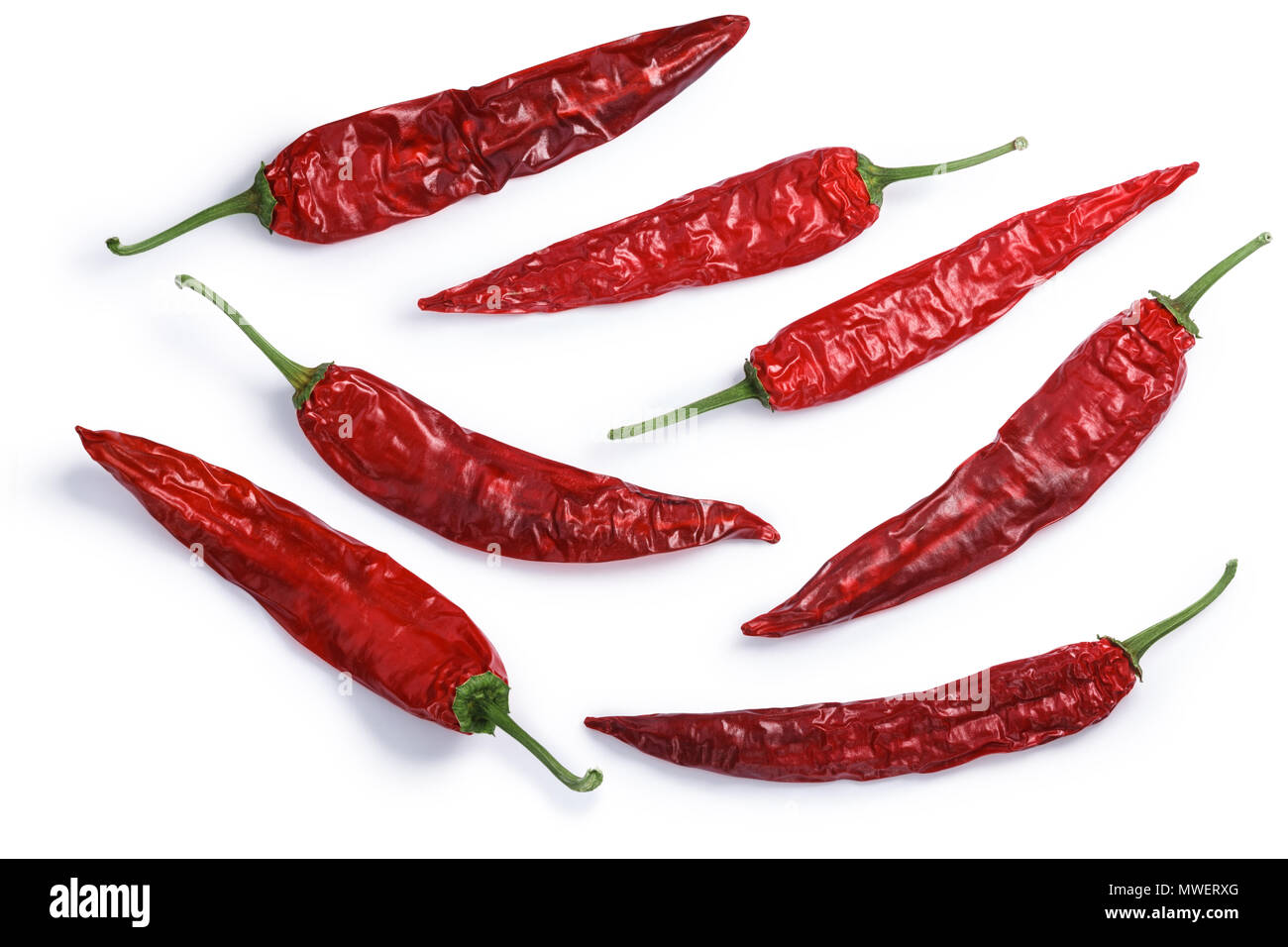 Getrocknete Guajillo chile Peppers, ganze Schoten, Ansicht von oben Stockfoto