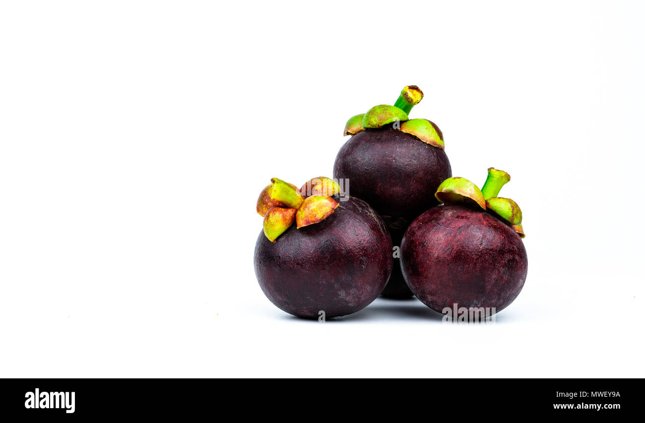 Ganze mangosteen, lila Haut auf weißem Hintergrund mit Leerzeichen getrennt. Tropische Früchte aus Thailand. Die Königin der Früchte. Asien frisches Obst mark Stockfoto