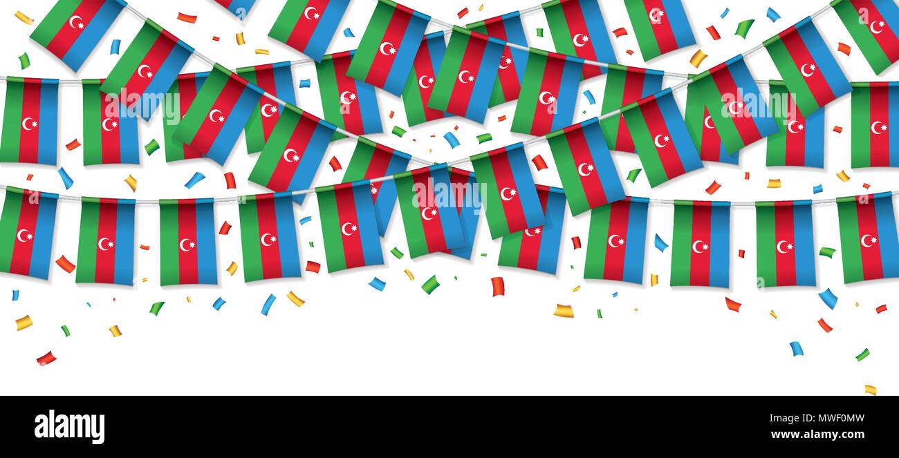 Aserbaidschan Flagge Girlande weißen Hintergrund mit Konfetti, hängen Bunting für aserbaidschanische Independence Day Feier Vorlage Banner, Vektor, Abbildung Stock Vektor