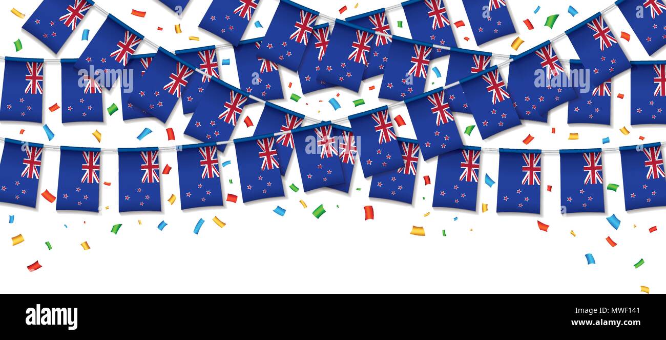 Neuseeland Flagge Girlande weißen Hintergrund mit Konfetti, hängen Bunting für Independence Day Feier Vorlage Banner, Vektor, Abbildung Stock Vektor