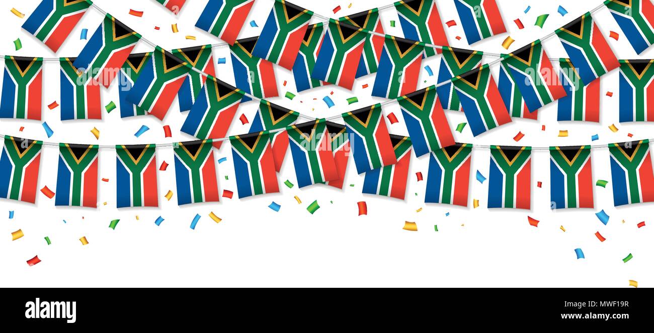 Südafrika Fahnen Girlande weißen Hintergrund mit Konfetti, hängen Bunting für Independence Day Feier Vorlage Banner, Vektor, Abbildung Stock Vektor