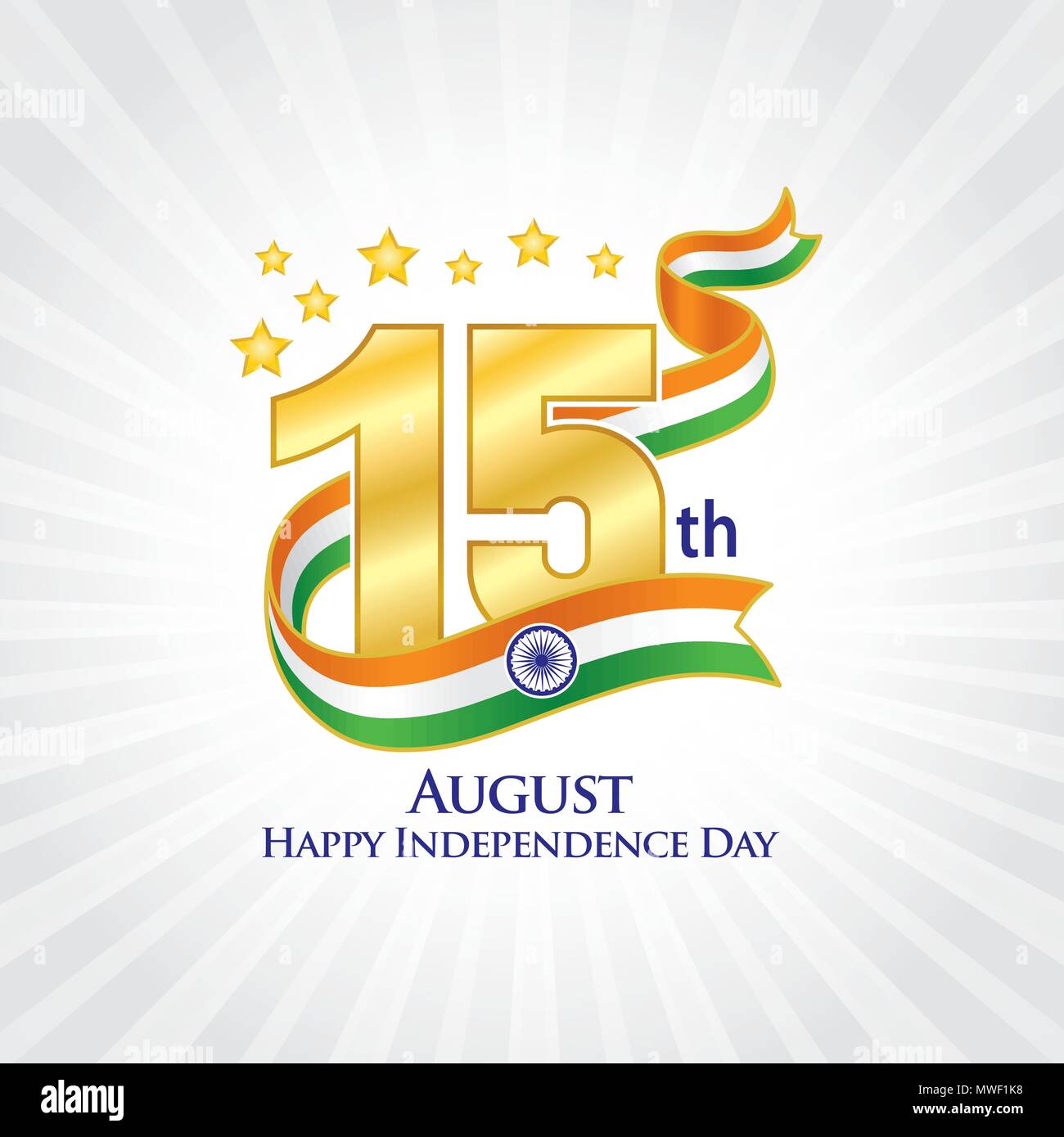 15. August Unabhängigkeit Indiens Logo, typografische Embleme & Abzeichen mit grauem Hintergrund, eine Inschrift in Englisch 'Happy Independence Day' Stock Vektor