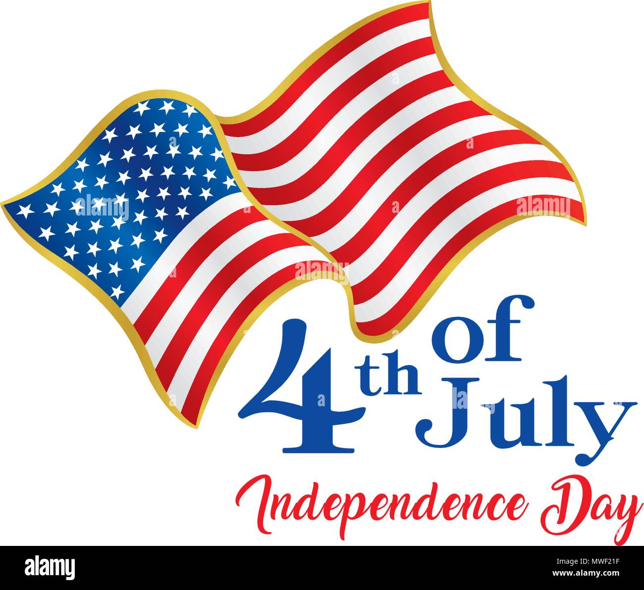 Am 4. Juli, USA Independence day Logo. USA-Flagge im Wind, typografische Embleme & Abzeichen mit weißem Hintergrund, Vektor illustrati Stock Vektor