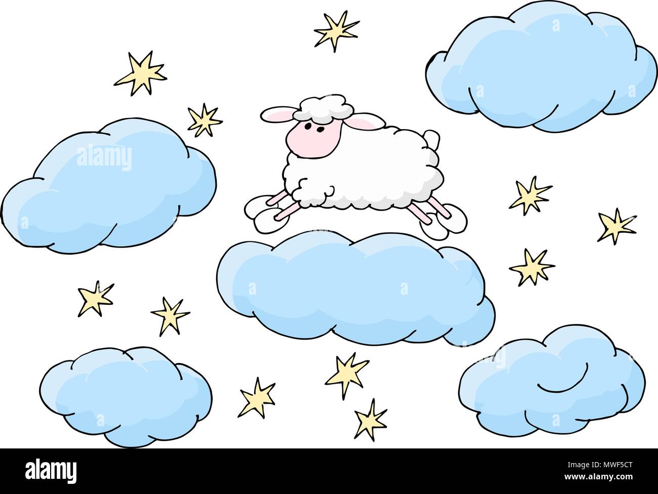 Schäfchen zählen schlafend Vector Illustration zu fallen. Cute cartoon  Schafe springen über Cloud. Gute Nacht Schlaf Metapher Stock-Vektorgrafik -  Alamy