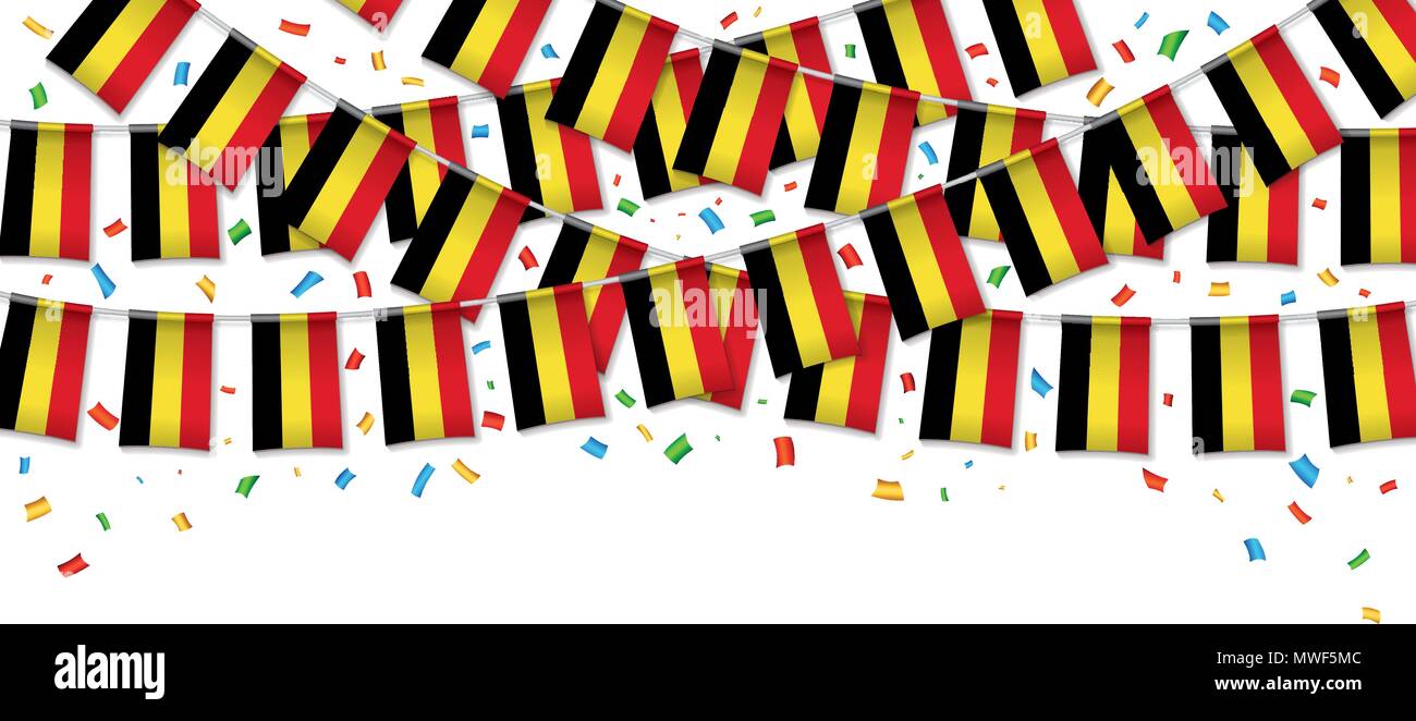 Belgien Flagge Girlande weißen Hintergrund mit Konfetti, hängende Bunting für die Belgischen Unabhängigkeitstag feier Vorlage Banner, Vektor, Abbildung Stock Vektor