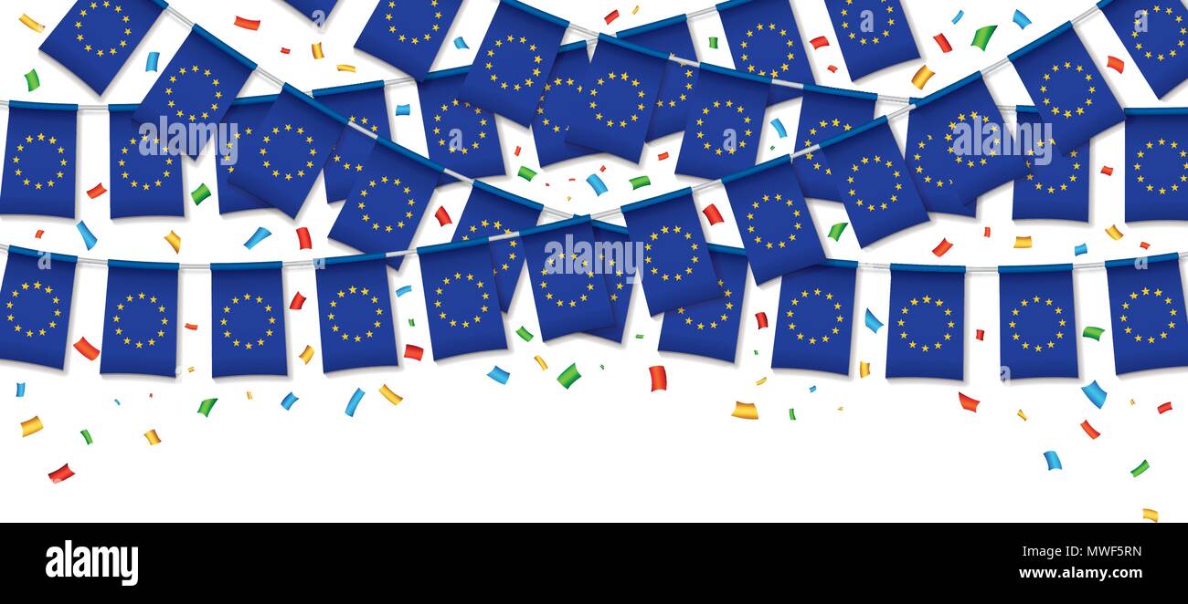Europäische Union Fahnen Girlande weißen Hintergrund mit Konfetti, hängen Bunting für Feier Vorlage Banner, Vektor, Abbildung Stock Vektor