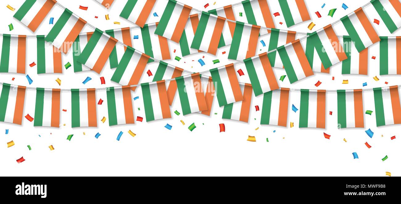 Irland Fahne Girlande weißen Hintergrund mit Konfetti, hängen Bunting für irische Unabhängigkeit Feier zum Tag der Vorlage Banner, Vektor, Abbildung Stock Vektor