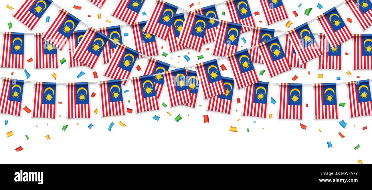 Malaysische Fahnen Girlande weißen Hintergrund mit Konfetti, hängende Bunting für Malaysia Independence Day Feier Vorlage Banner, Vektor, Abbildung Stock Vektor