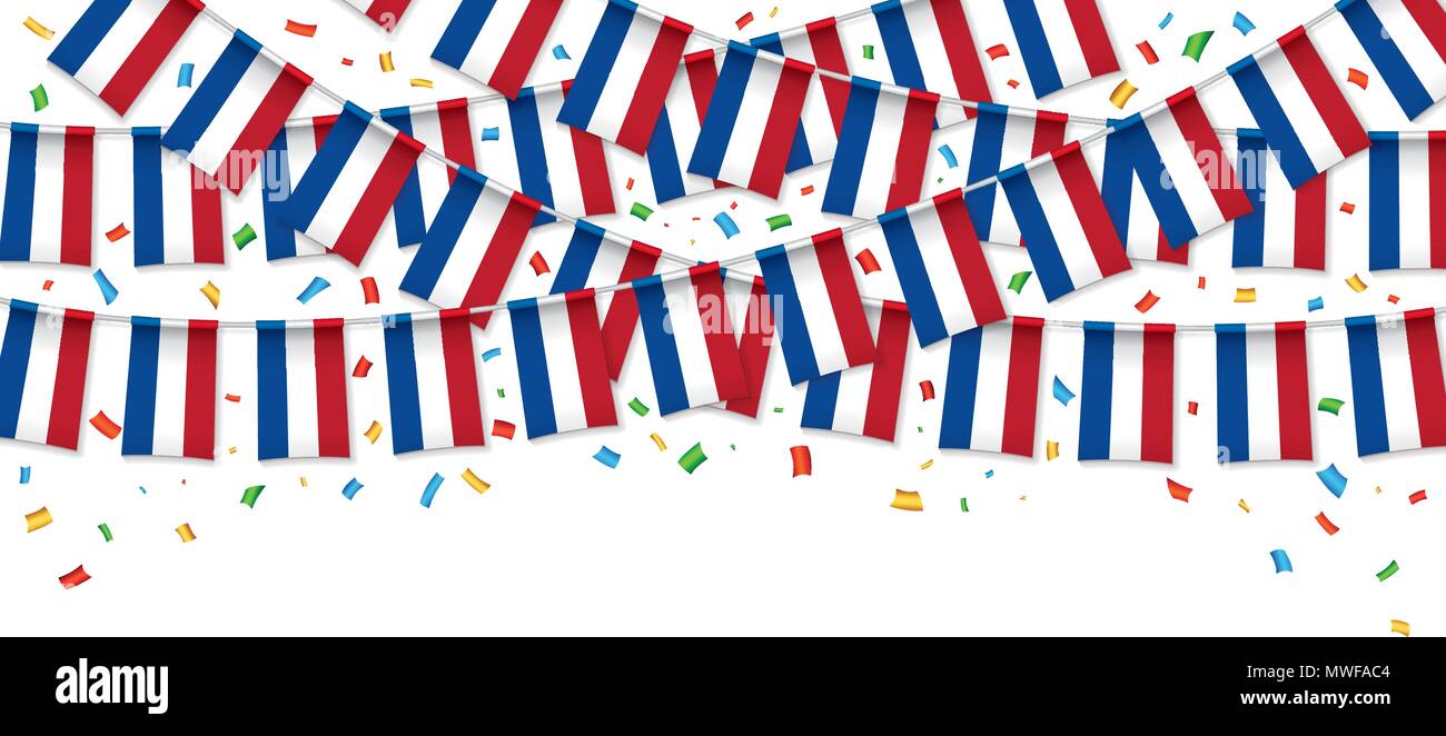 Niederlande Fahnen Girlande weißen Hintergrund mit Konfetti, hängen Bunting für Independence Day Feier Vorlage Banner, Vektor, Abbildung Stock Vektor