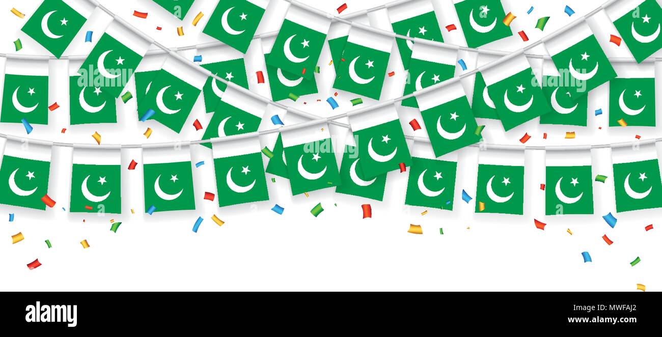 Girlande Flags, die mit einem weißen Hintergrund Banner, hängende Bunting Flags für Pakistan Independence Day Feier. Vector Illustration Stock Vektor