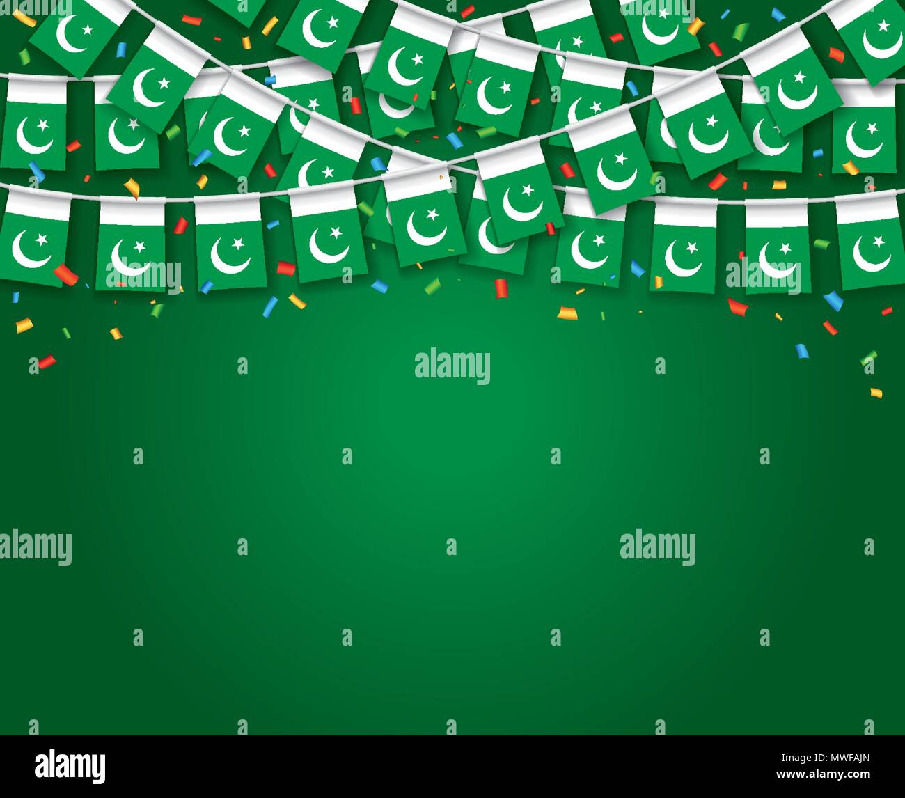 Girlande Flags mit dunkelgrünem Hintergrund Banner, hängende Bunting Flags für Pakistan Independence Day Feier. Vector Illustration Stock Vektor