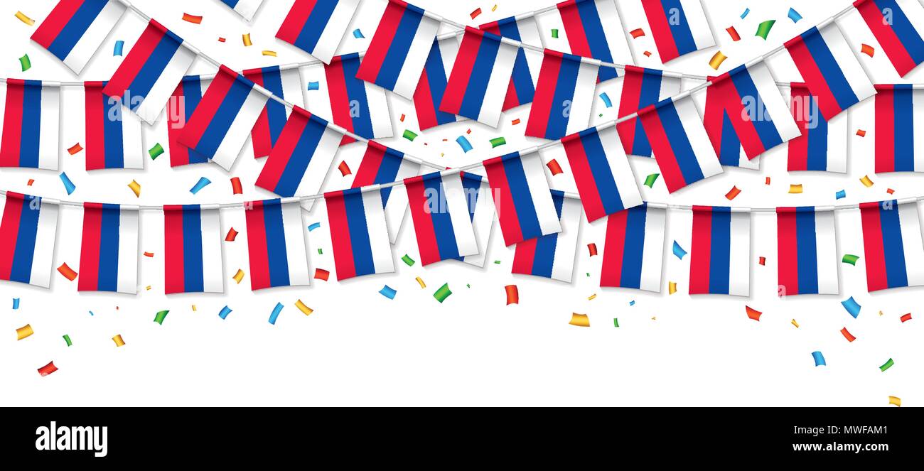 Russische Fahnen Girlande weißen Hintergrund mit Konfetti, hängen Bunting für Russland Feier zum Tag der Vorlage Banner, Vektor, Abbildung Stock Vektor