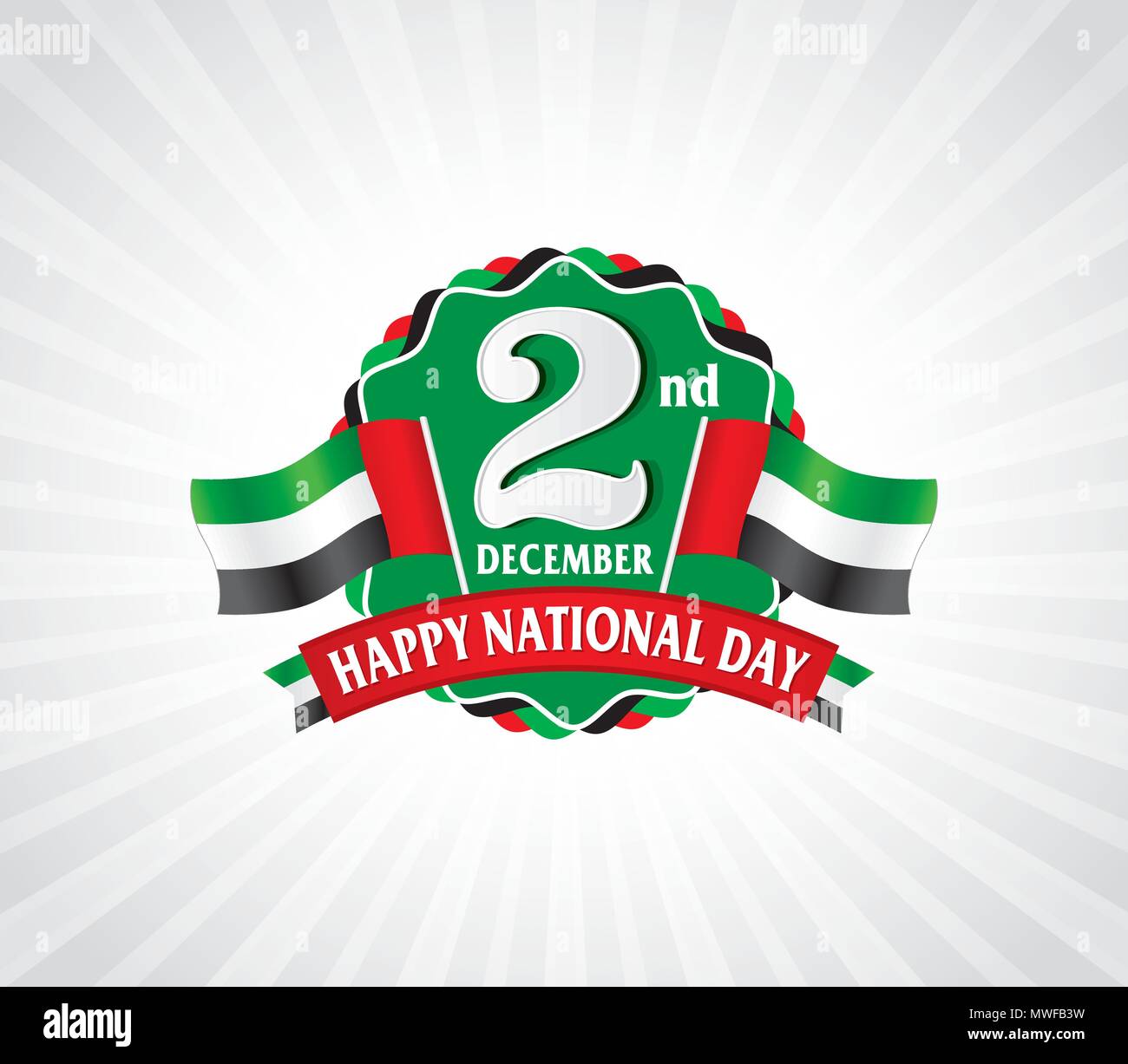 2. Dezember Logo mit UAE Flagge, typografische Embleme & Abzeichen mit grauem Hintergrund, Vector Illustration Stock Vektor