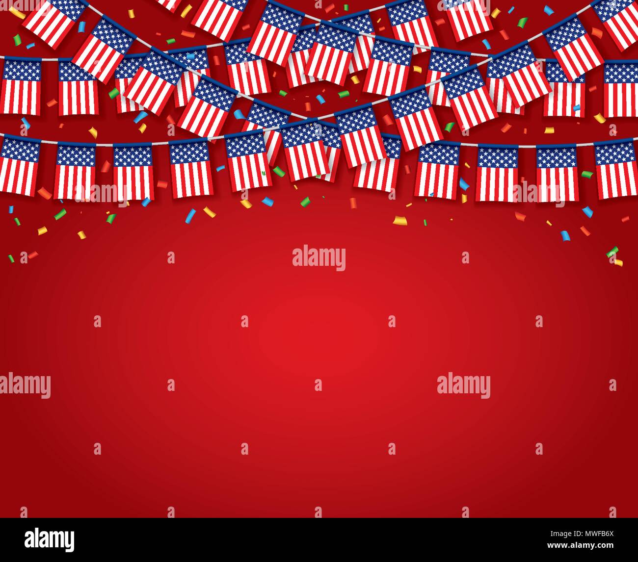 Girlande USA Flags, die mit einem roten Hintergrund, Vorlage Banner, hängende Bunting Flags für den 4. Juli Nationalfeiertag feiern, Vector Illustration Stock Vektor