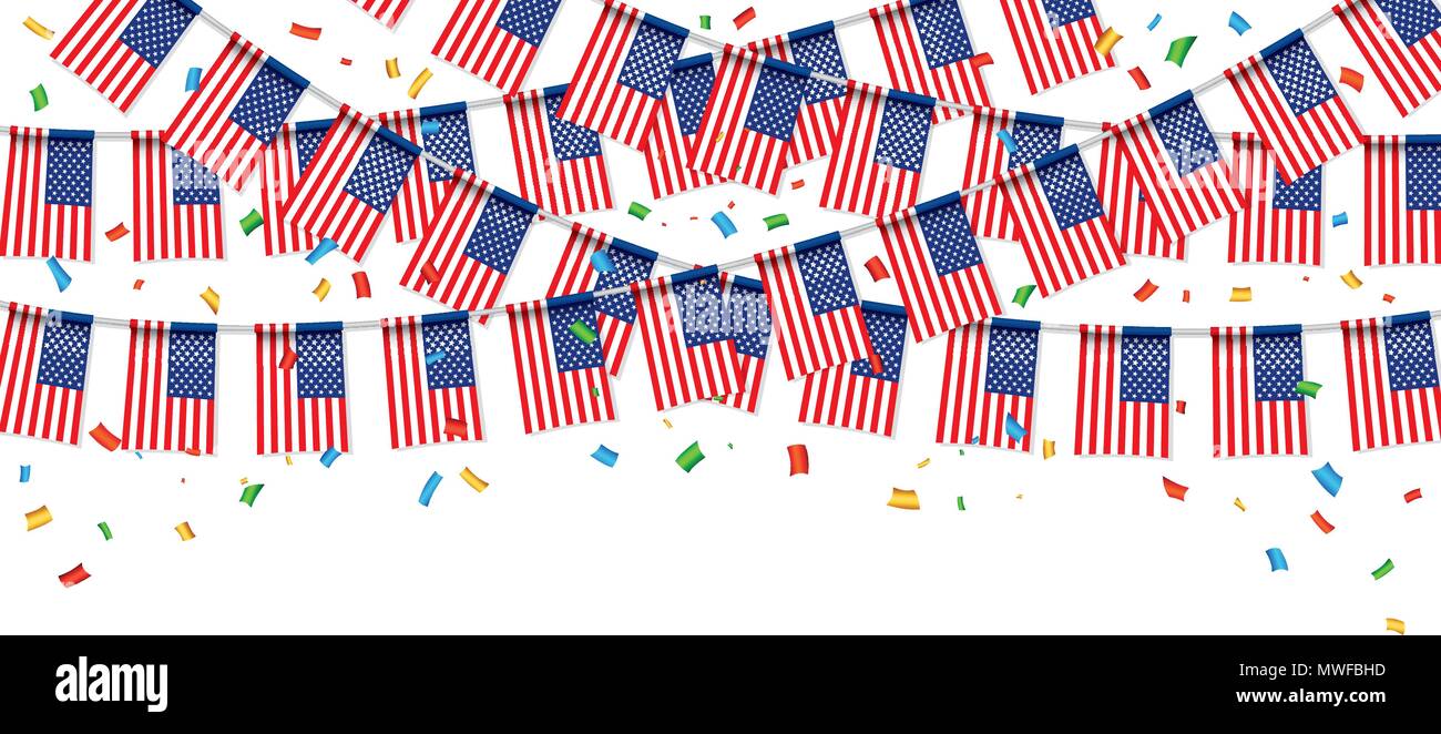 Girlande USA Flaggen mit weißem Hintergrund, Template Banner, hängende Bunting Flags für den 4. Juli Nationalfeiertag feiern, Vector Illustration Stock Vektor