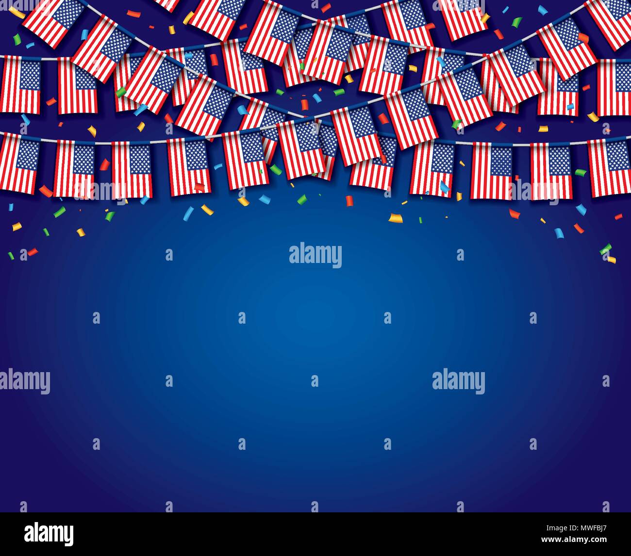 Girlande USA Flags, die mit einem blauen Hintergrund, Vorlage Banner, hängende Bunting Flags für den 4. Juli Nationalfeiertag feiern, Vector Illustration Stock Vektor