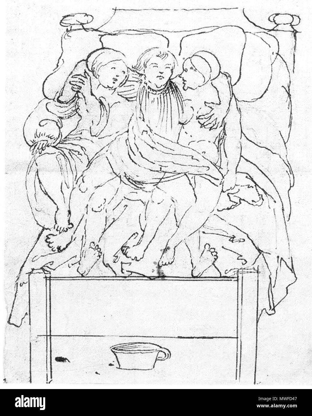. Geistlicher mit zwei Frauen im Bett Federzeichnung. um 1520/30. Vigil Raber 18 70 Vigil Raber Pfaffenlotterbett Stockfoto