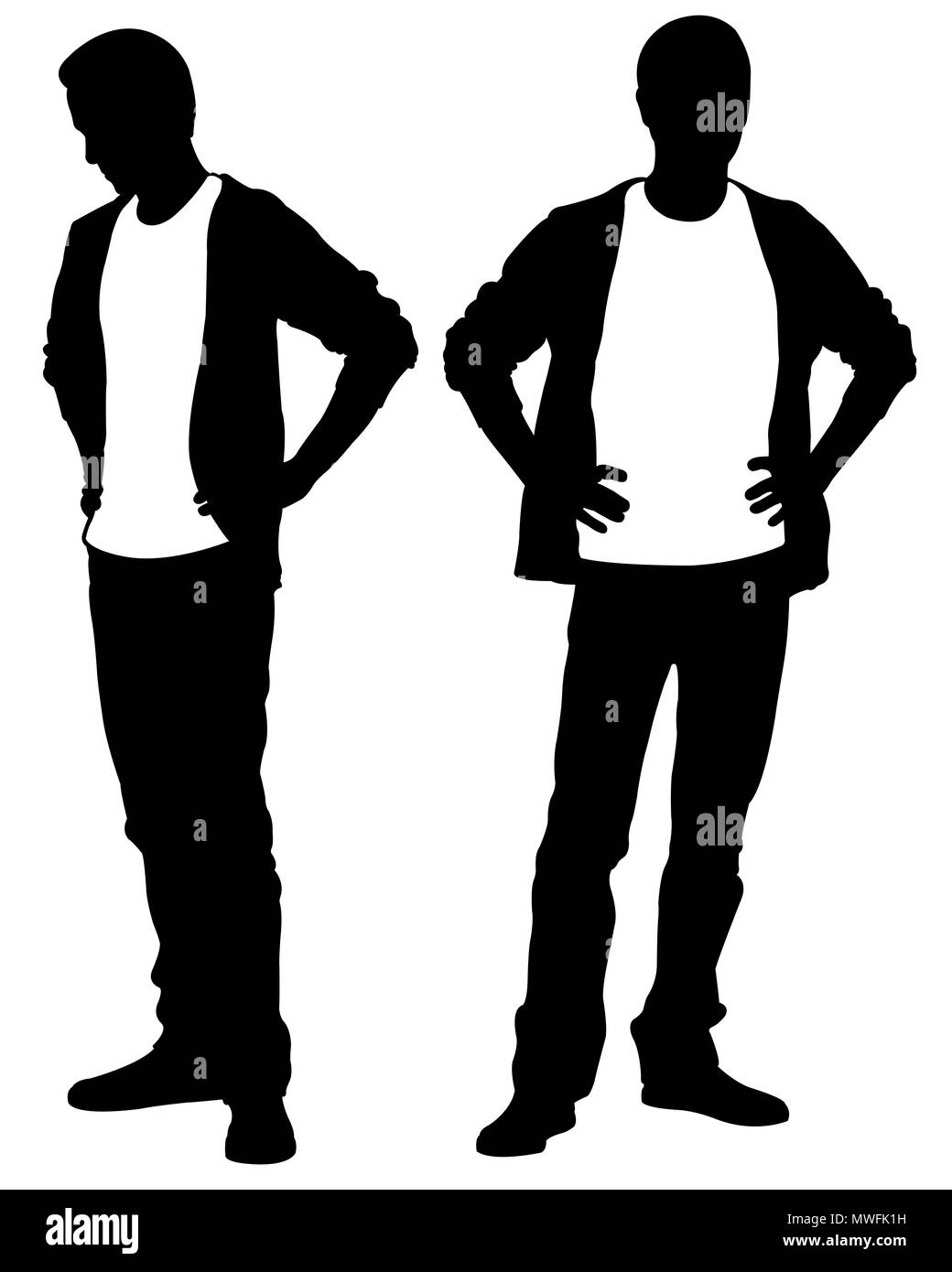 Silhouetten, die Hände auf den Hüften isoliert auf weißem Stockfoto